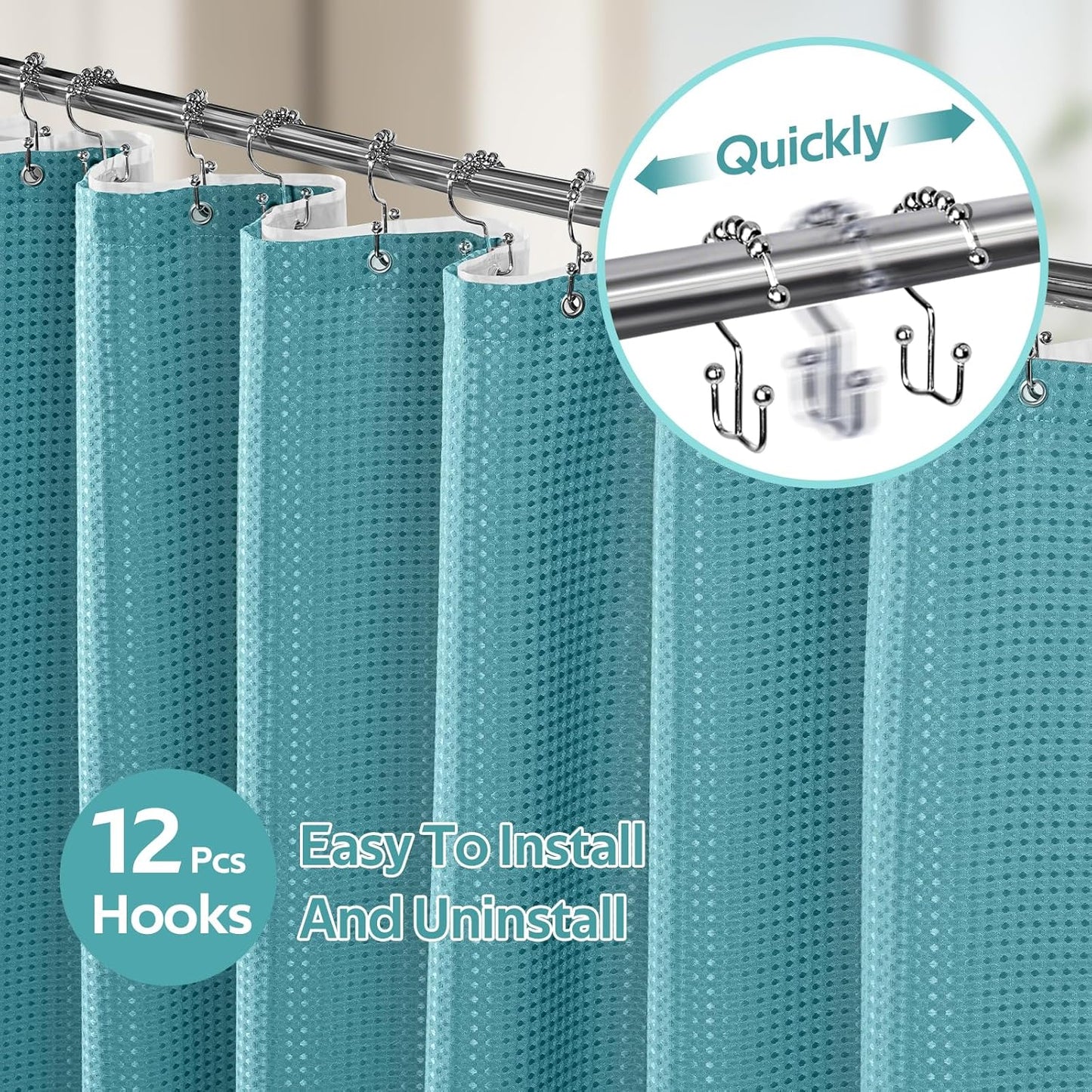 3 in 1 Shower Curtain Set, Waffle Shower Curtain and Liner Set with 12 Double Sided Shower Curtain Hooks, 258GSM Luxury Weighted Cloth Shower Curtains for Bathroom, 72 W x 72 H, Teal