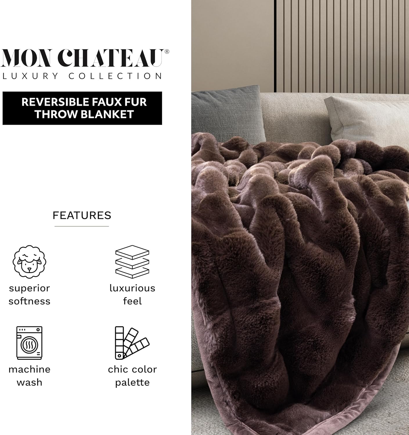 Mon Chateau 60" x 70" Hearthside Faux Fur Throw Blanket, Reversible Soft Blanket for Queen-Size Bed, Couch, or Sofa, Cozy Home Decor and Stylish Living Room Comfort, Chestnut