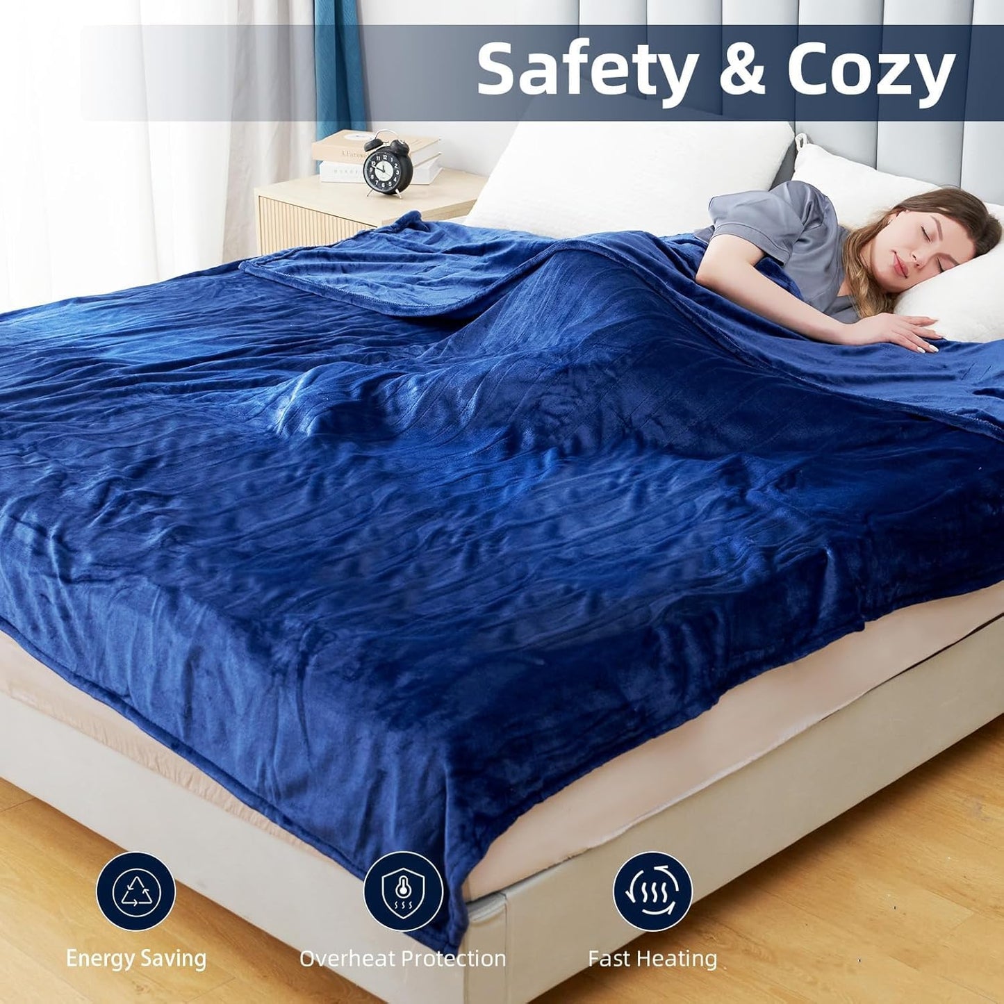 Electric Heated Blanket Twin Size 62”x84”,Cozy Soft Warmth with 6 Heating Settings 1-10 Hours Auto-Off, Energy-Saving, for Bed, Fast Heating Machine Washable, Navy Blue