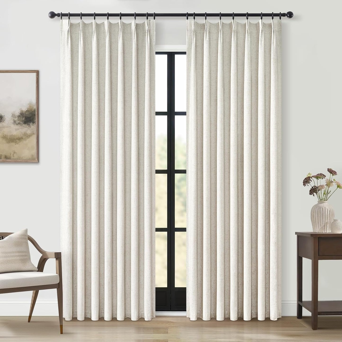 Topfinel 90 Inches Long Full Blackout Linen Curtains for Bedroom, Pinch Pleated Sound Block Curtains, Oatmeal Decorative Elegant Farmhouse Lined Drapes 2 Panels Set for Living Room Sliding Door