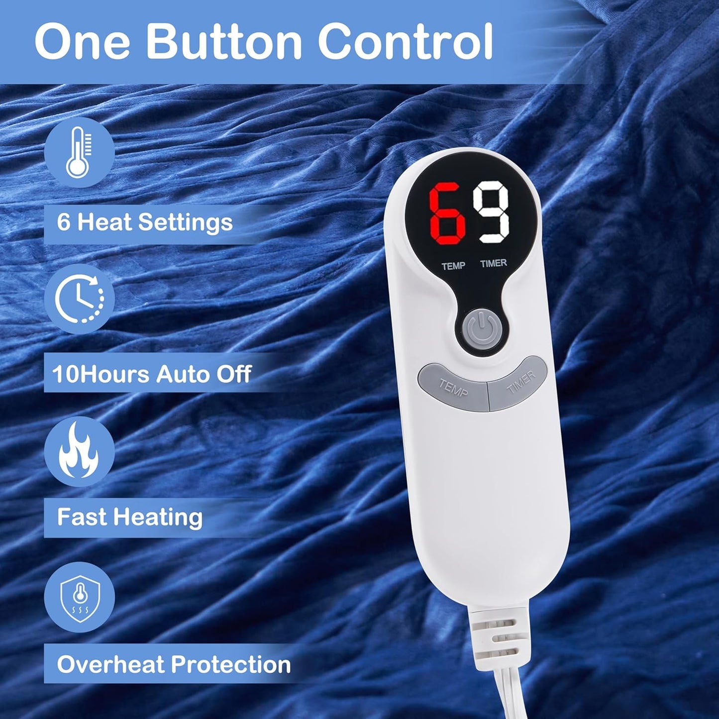 Electric Heated Blanket Full Size 72”x84”,Cozy Soft Warmth with 6 Heating Settings 1-10 Hours Auto-Off, Long Cord Energy-Saving, for Bed, Fast Heating Machine Washable, Navy Blue