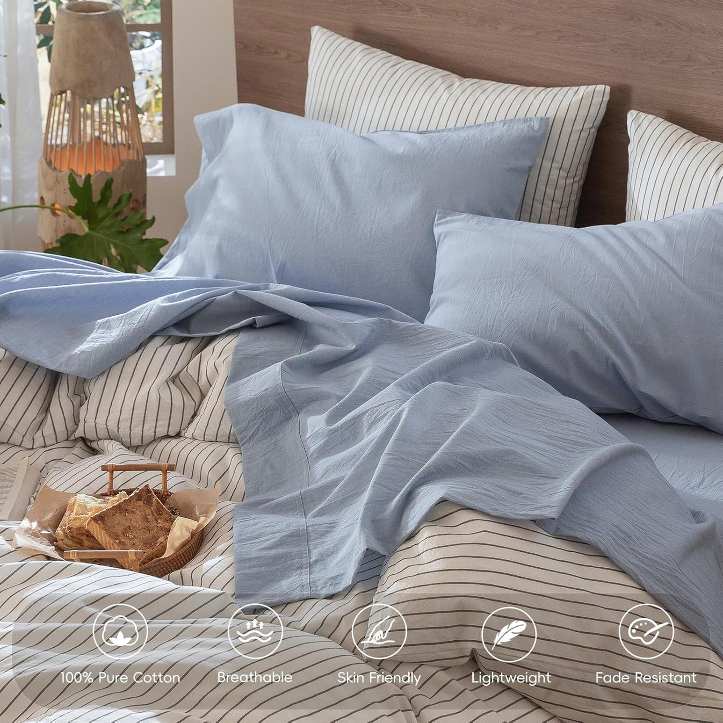 MooMee Bedding Sheet Set 100% Washed Cotton Linen Like Textured Breathable Durable Soft Comfy (Heathered Cornflower Blue, Twin XL)
