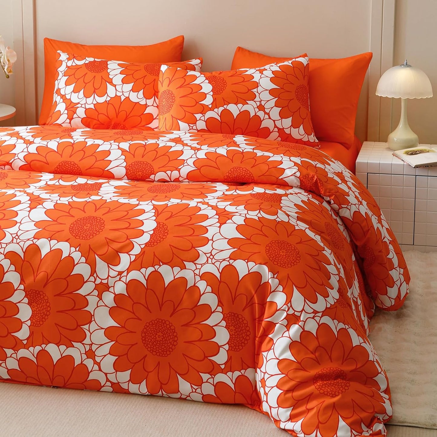 KAREVER Orange Sunflower Comforter Set Twin Size Orange Sunflower Bedding Set 3 PCs Comforter Set Twin Size Fluffy Linen Comforter Sets