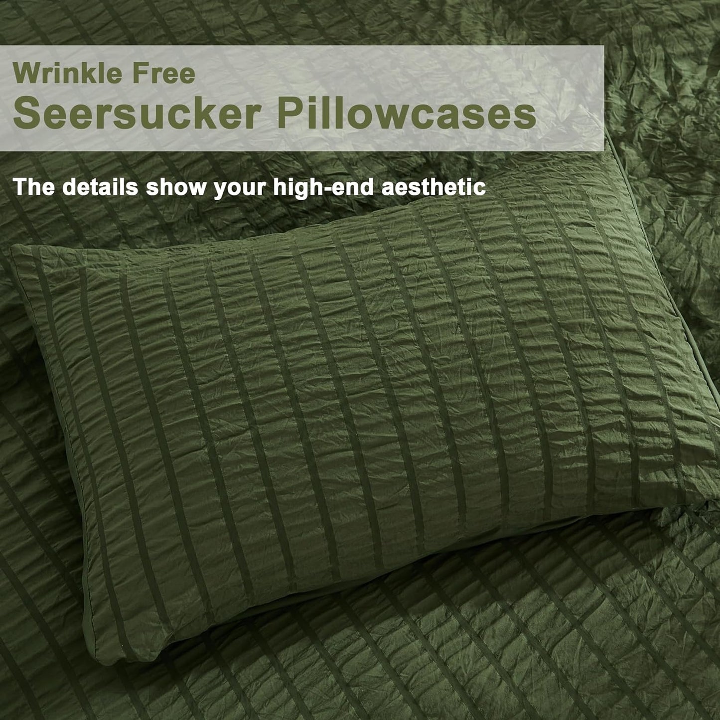 AveLom Dark Olive Green Seersucker Duvet Cover Set Queen (90 x 90 inches), 3 Pieces (1 Duvet Cover + 2 Pillowcases), Ultra Soft Washed Microfiber, Textured Duvet Cover with Zipper Closure, Corner Ties