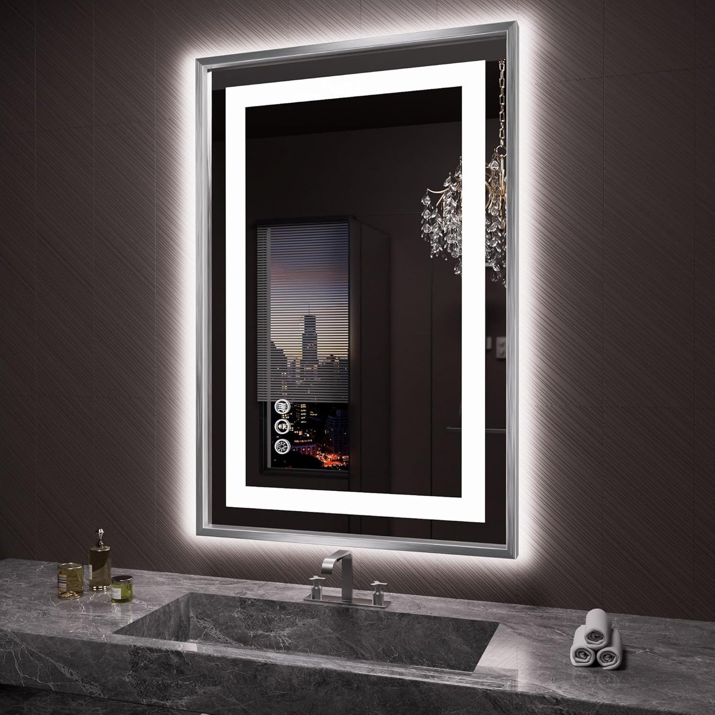 Amorho 24"X36" LED Bathroom Mirror, Brushed Nickel Framed Mirror with Front Light and Backlit, Stepless Dimmable, Anti-Fog, Shatter-Proof, Memory, 3 Colors