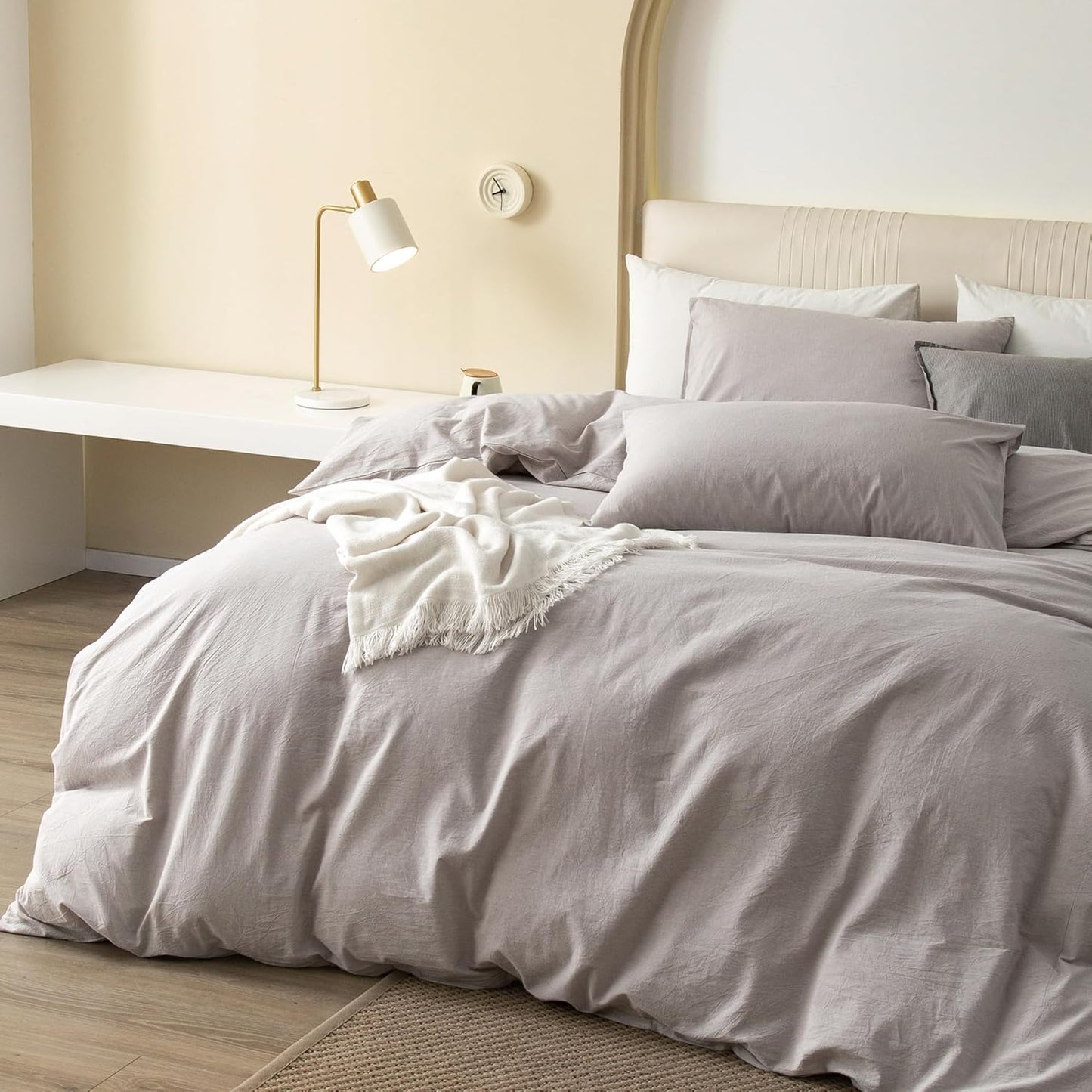 JIYUAN 100% Washed Cotton Duvet Cover Set 3 Pieces Cal King, 1 Duvet Cover 104x98 Inches(Comforter Not Included) and 2 Pillowcases,Linen Feel Bedding Set Comfy and Breathable, Heathered Linen