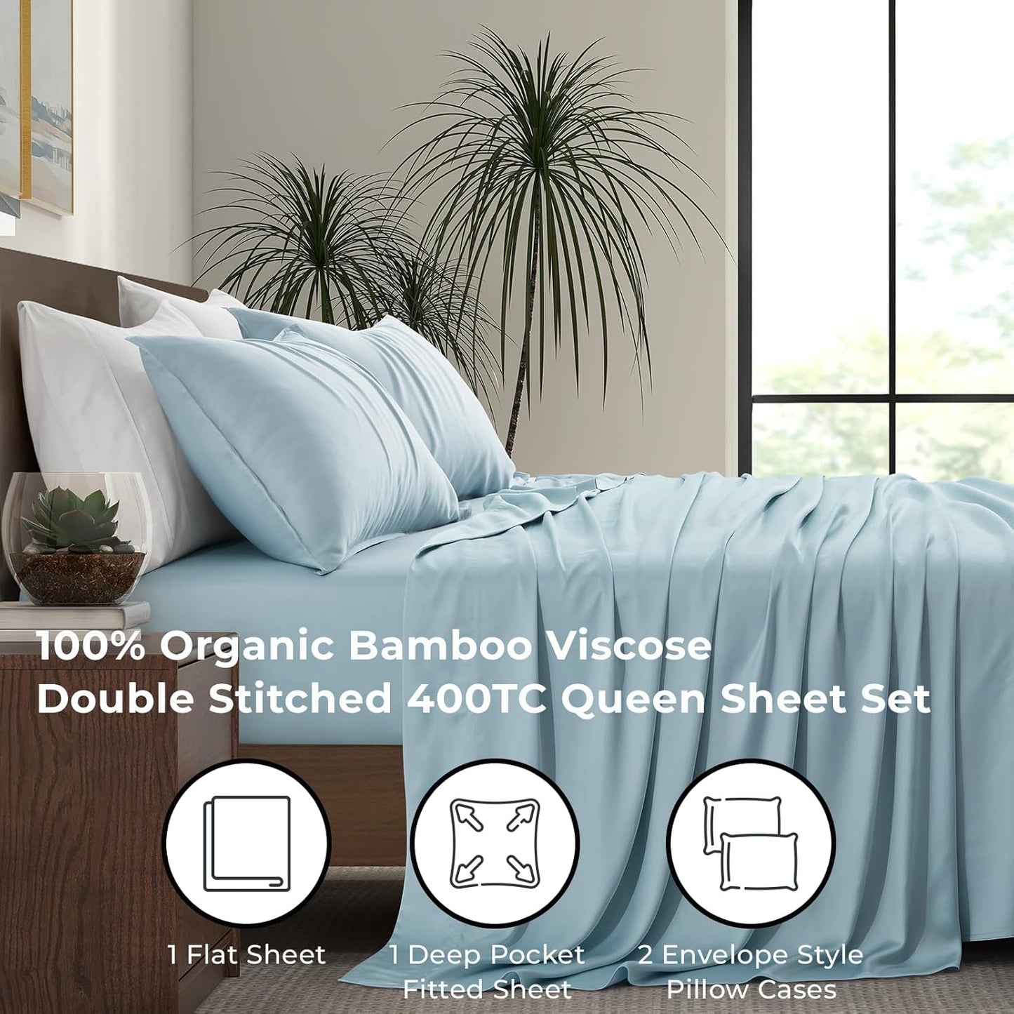 Luxury Bamboo Market | Queen Size Bed Sheet Set | 100% Viscose Made from Bamboo | Organically Grown | Ultra Soft | Cooling Sheets for Hot Sleepers | 17" Deep Pocket [Spa Blue]