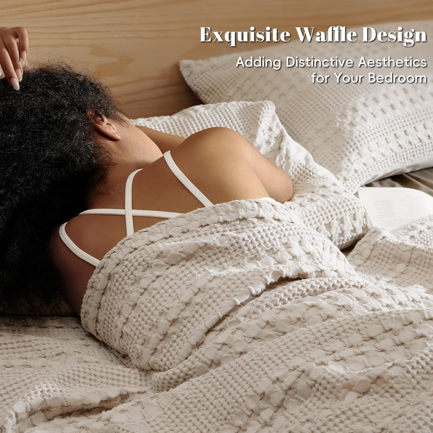 PHF 100% Cotton Waffle Weave Blanket Queen Size for Bed, Soft Lightweight & Breathable, All-Season Comfort, Luxury Aesthetic Woven Bedding for Home Decor, 90"x90", Oatmeal