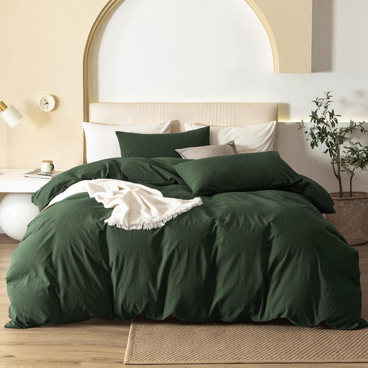 JIYUAN 100% Washed Cotton Duvet Cover Set 2 Pieces Twin, 1 Duvet Cover 68x90 Inches(Comforter Not Included) and 1 Pillowcases,Linen Feel Bedding Set Comfy and Breathable,Forest Green