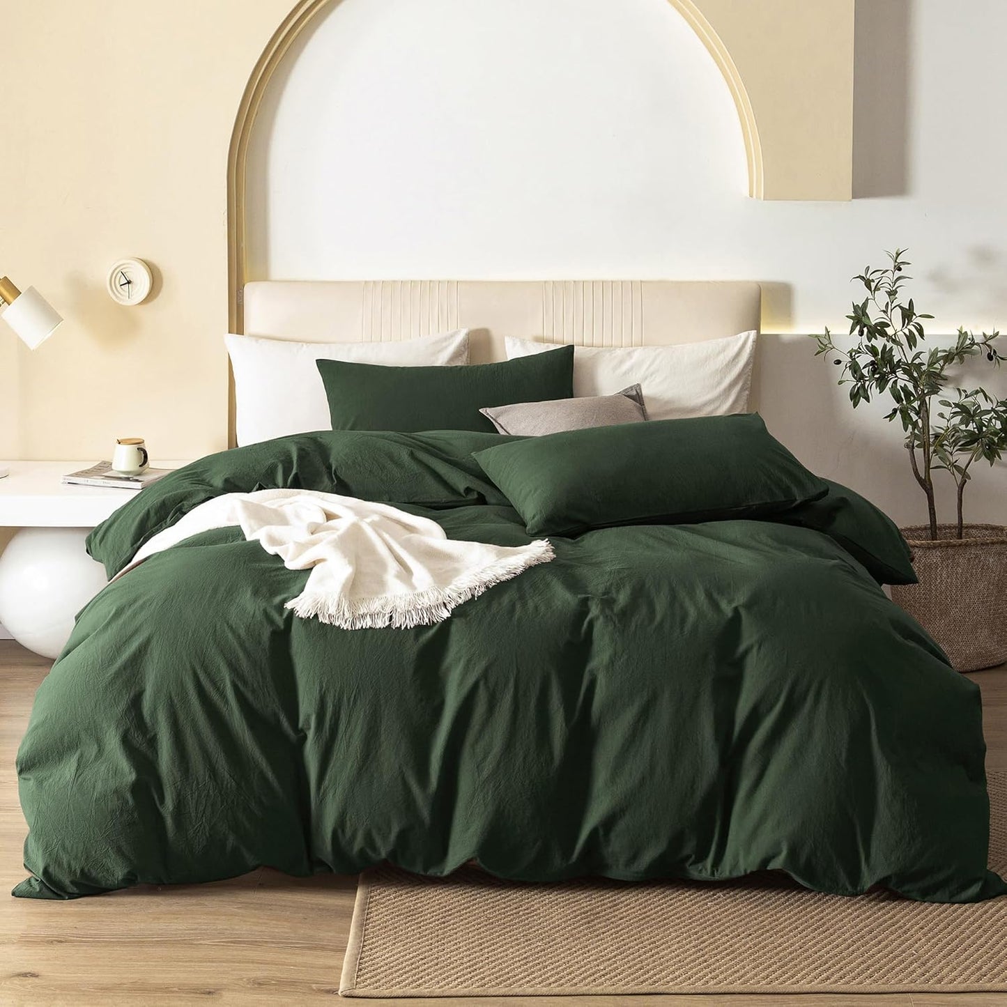 JIYUAN 100% Washed Cotton Duvet Cover Set 3 Pieces Cal King, 1 Duvet Cover 104x98 Inches(Comforter Not Included) and 2 Pillowcases,Linen Feel Bedding Set Comfy and Breathable,Forest Green