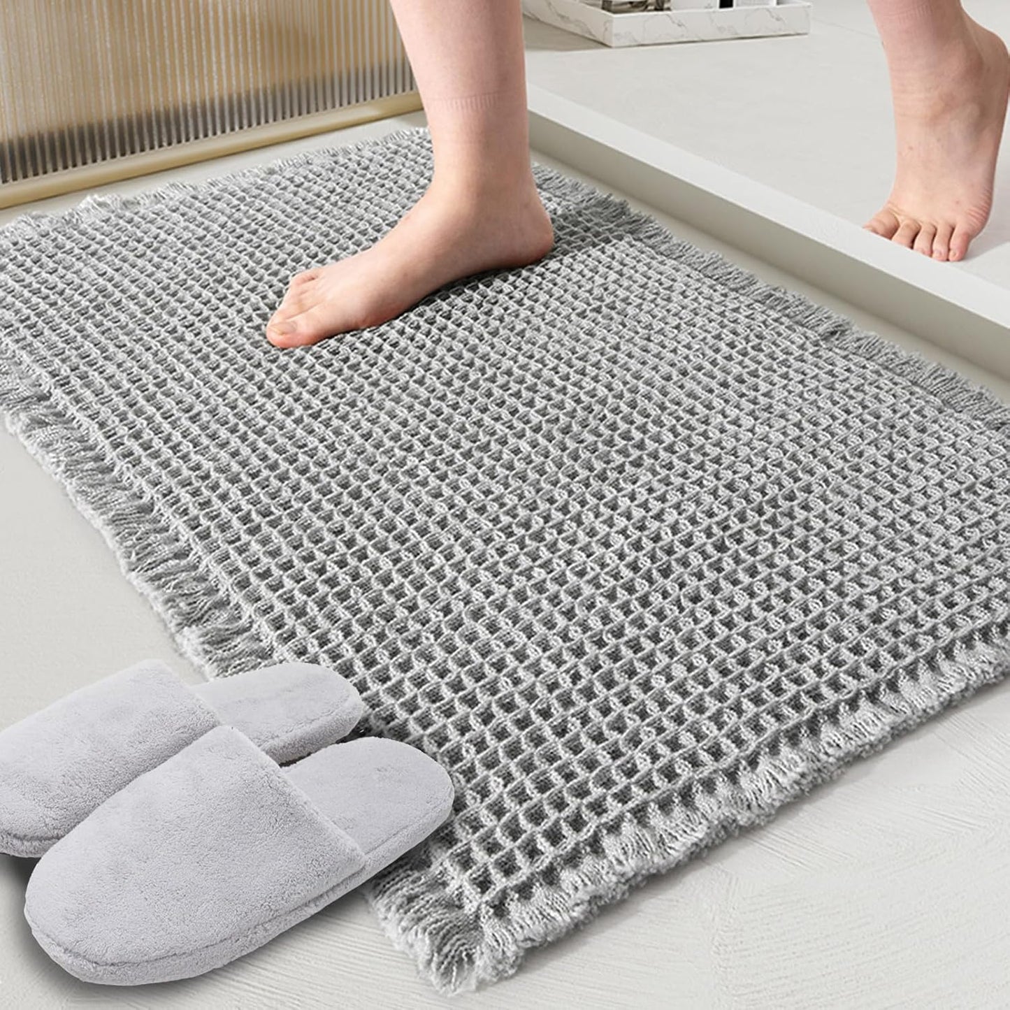 ZALL Grey Waffle Bath Mat,Super Absorbent Non Slip Bathroom Rug,Gray 24x48inch,Machine Washable Ultra Soft Floor Mats