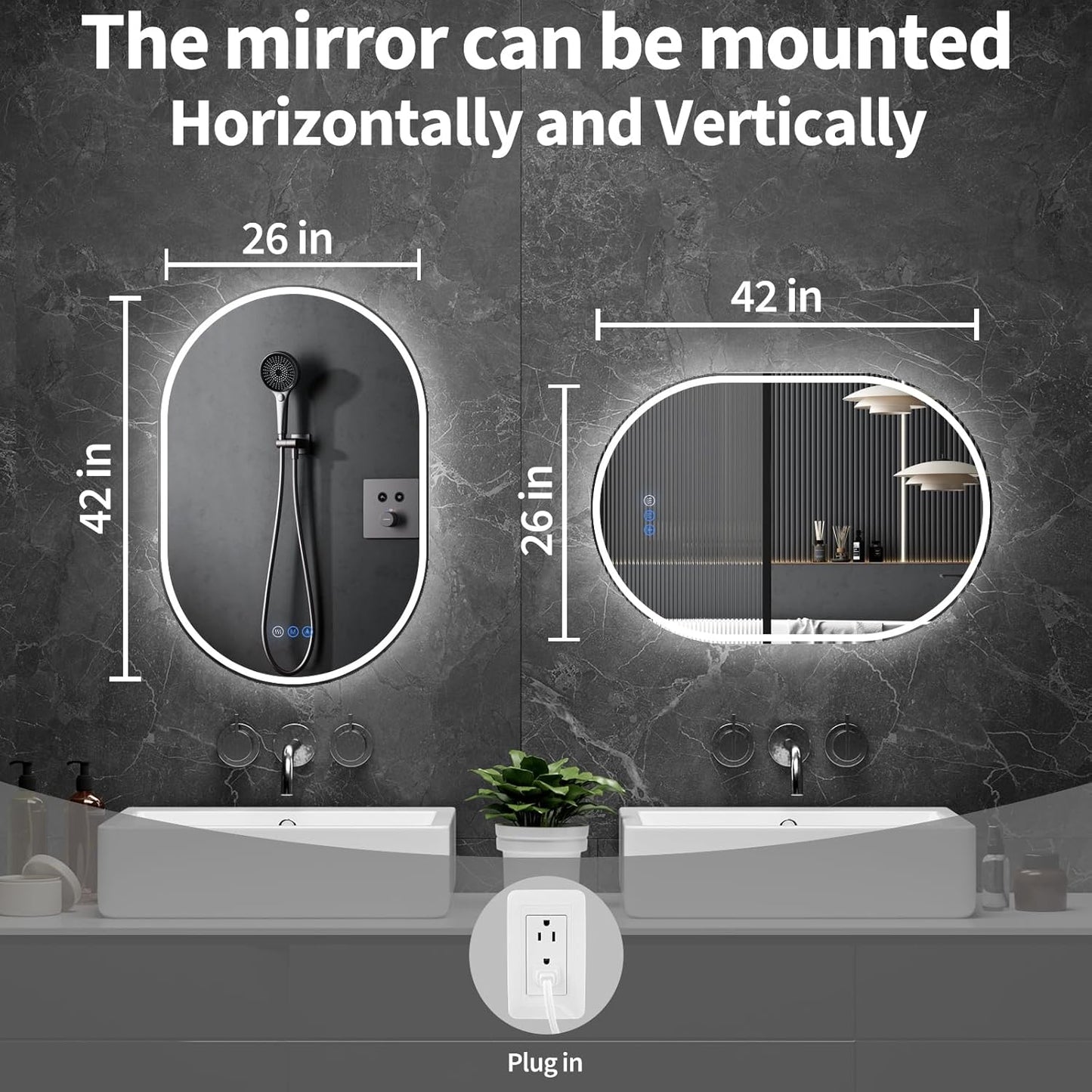 Bathroom Mirror 26"x42" LED Bathroom Mirror with Lights, Anti-Fog, Dimmable Oval Mirrors with Front Light and Backlit, Modern Farmhouse Wall Mounted Mirror for Decorative