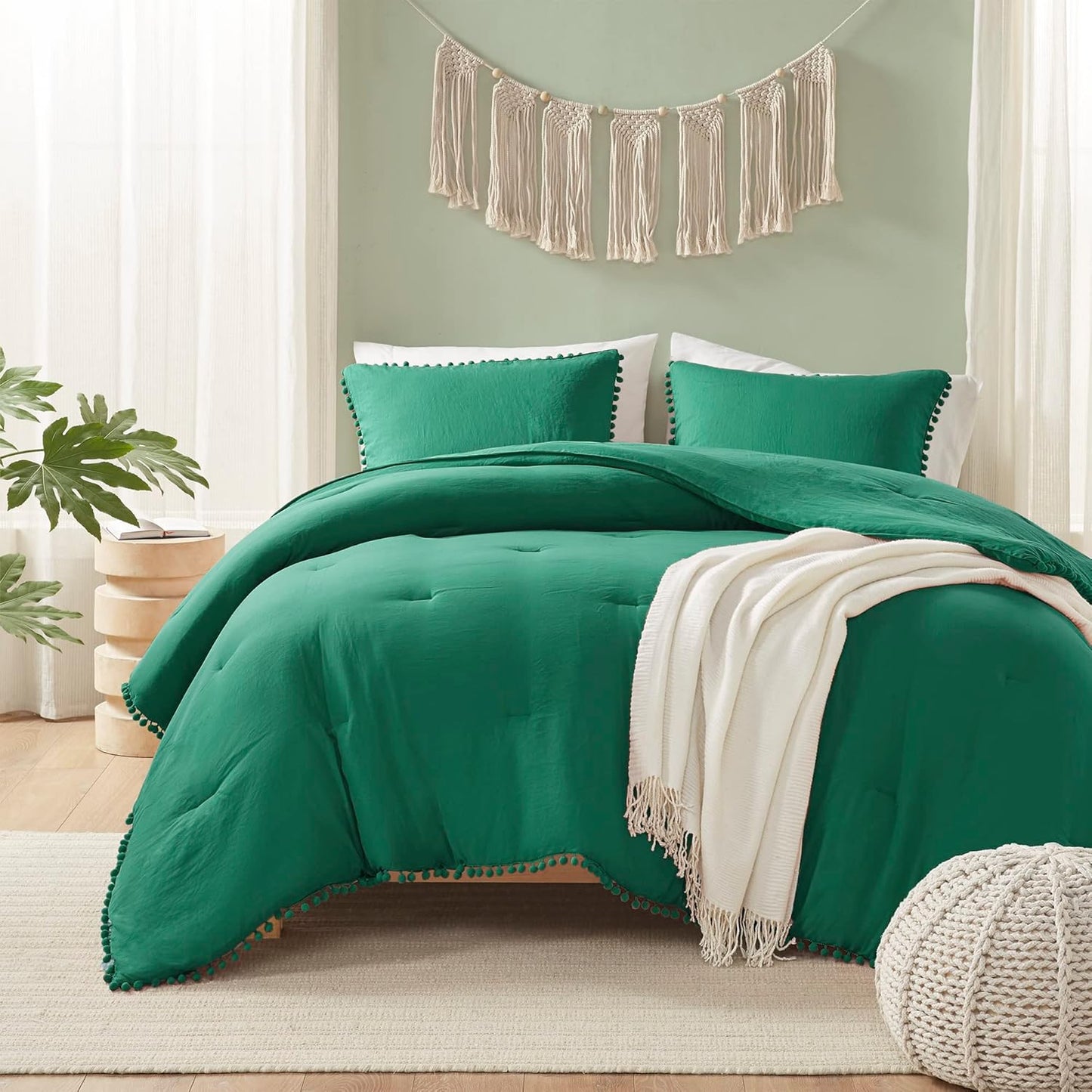 Codi Emerald Green Boho Twin Comforter Set, Aesthetic Luxurious Pom Fringe Design Bedding,Cute Soft Washed Microfiber Bed Sets, Lightweight Chic,1 Comforter & 1 Pillowcase