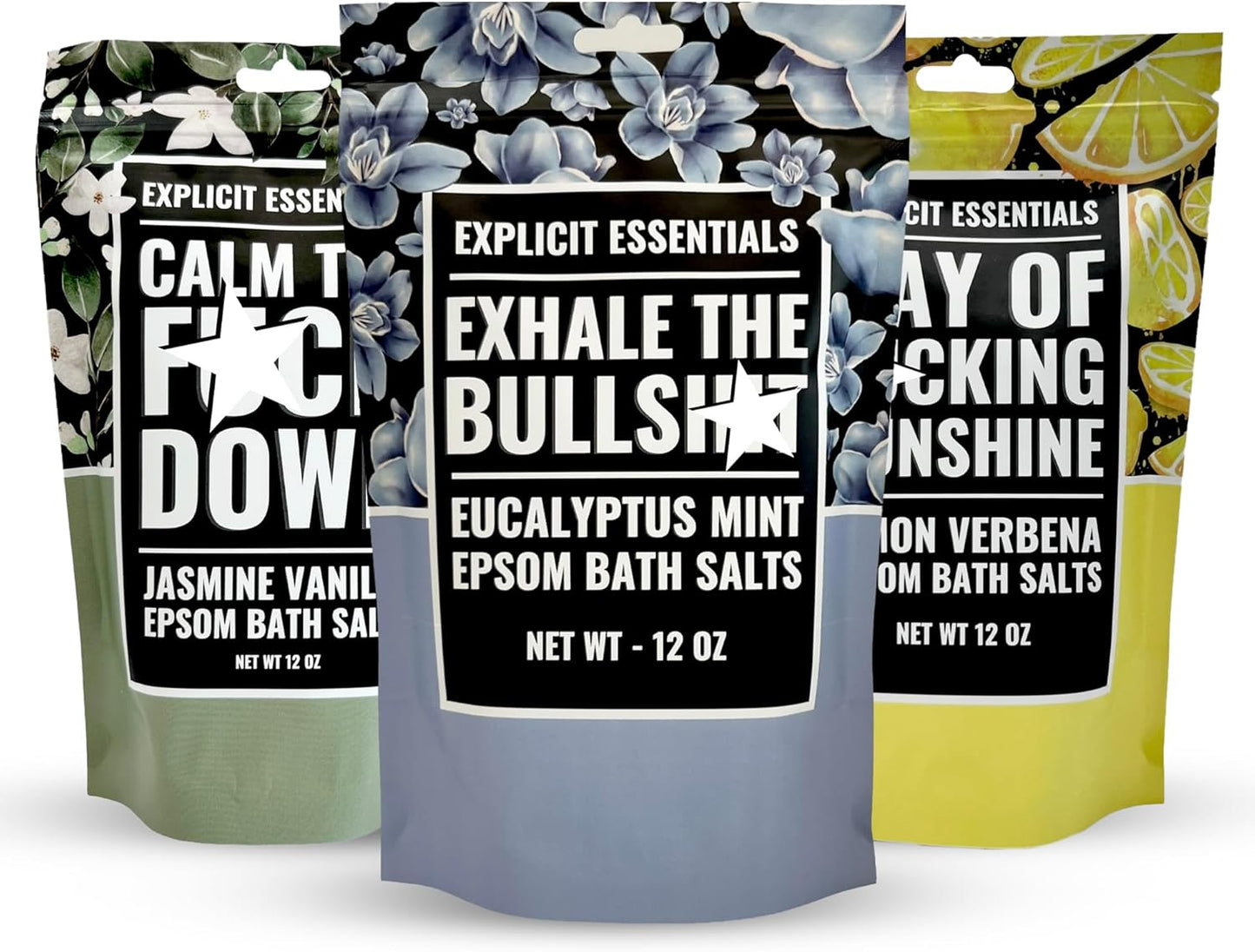 Explicit Essentials Bath Salts Gift Set | 3 Relaxing Epsom Salt Bath Soaks | Aromatherapy Epsom Salt Variety Pack for Stress Relief, Relaxation & Self-Care Gifts