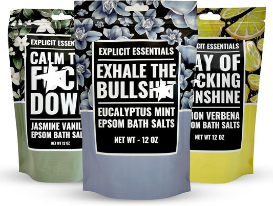 Explicit Essentials Bath Salts Gift Set | 3 Relaxing Epsom Salt Bath Soaks | Aromatherapy Epsom Salt Variety Pack for Stress Relief, Relaxation & Self-Care Gifts