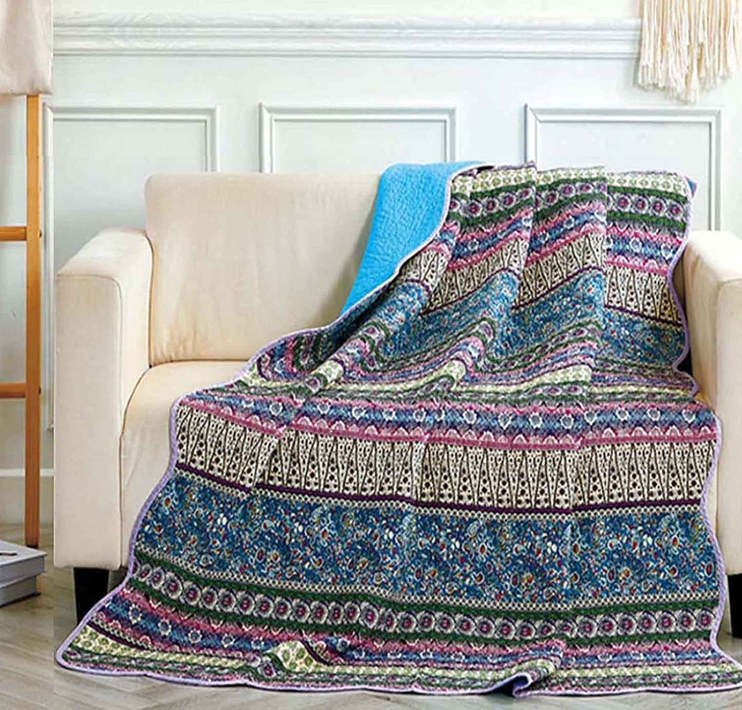 Cozyholy Boho Quilt Twin Size 100% Cotton Quilted Blanket Colorful Bohemian Striped Bedspread Coverlet Reversible Lightweight Stitch Vintage Bed Cover Throw Blanket for Couch Sofa Blue