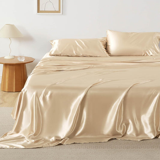 Bedsure Satin Sheets Queen Size - 4 Piece Silky Bedsheets with 15 Inches Deep Pocket Fitted Bedsheet,1 Flat Sheet, 2 Satin Pillowcases, Good for Hair & Skin (Queen, Champagne)