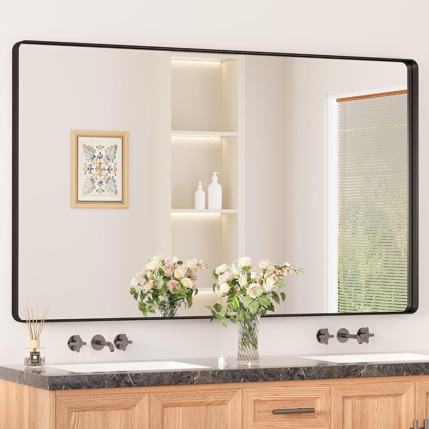 Keonjinn Black Bathroom Mirrors for Over Sink, 60” x 36” Large Matte Black Mirror for Wall, Rounded Rectangle Farmhouse Vanity Mirror, HD Tempered Glass Modern Decorative Mirror(Horizontal/Vertical)