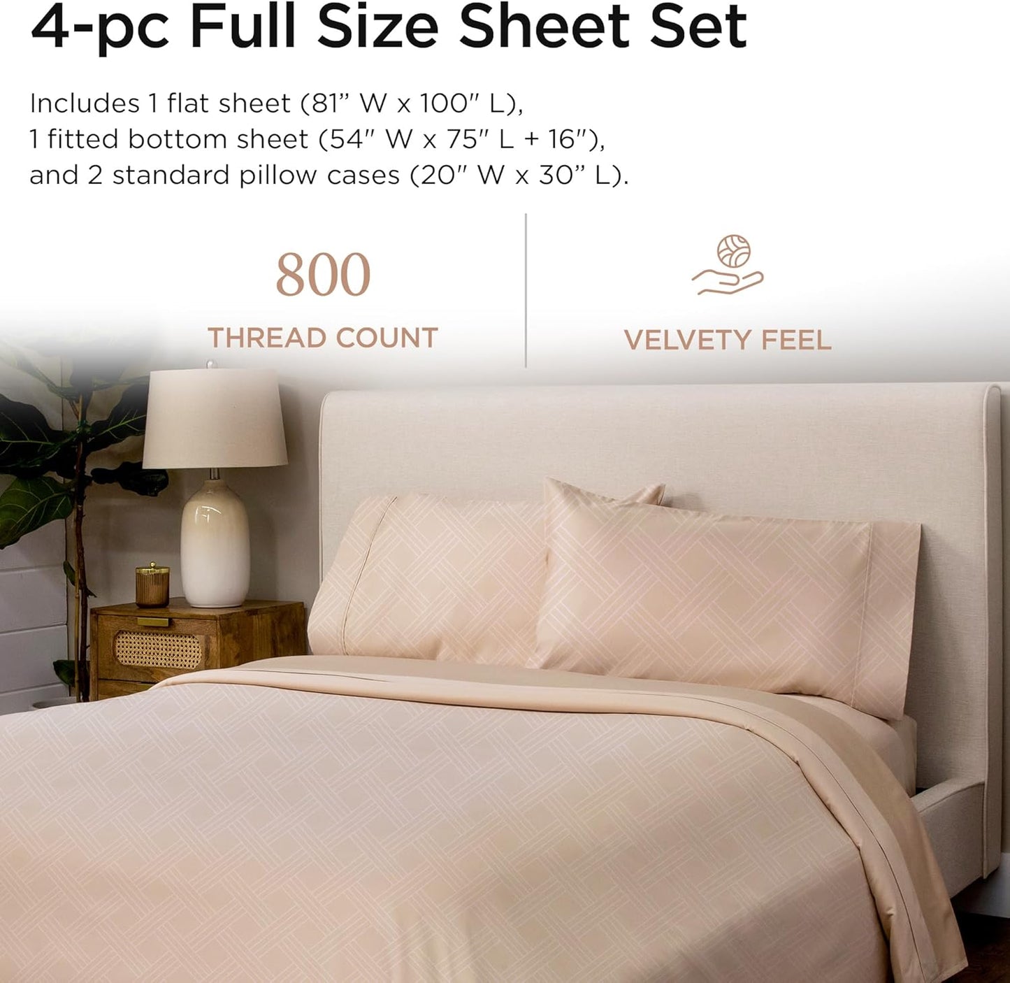 Threadmill Luxury Full Size Sheets for Full Size Mattress | 800 Thread Count Cotton Sheets | Jacquard Celine Light Beige | Better Than Egyptian Cotton| 4 Pc Bed Sheets | with Elasticized Deep Pocket