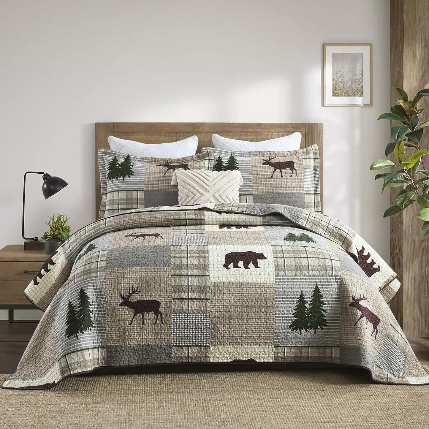 Uniclinens Quilt Set King Size, 100% Cotton Quilted Quilt Bedding Set Bedspread, Bear Tree Elk Farmhouse Rustic Quilt, Patchwork Plaid Comforter Set, 3 Pieces Set with 2 Pillowshams, Brown/Grey/Green