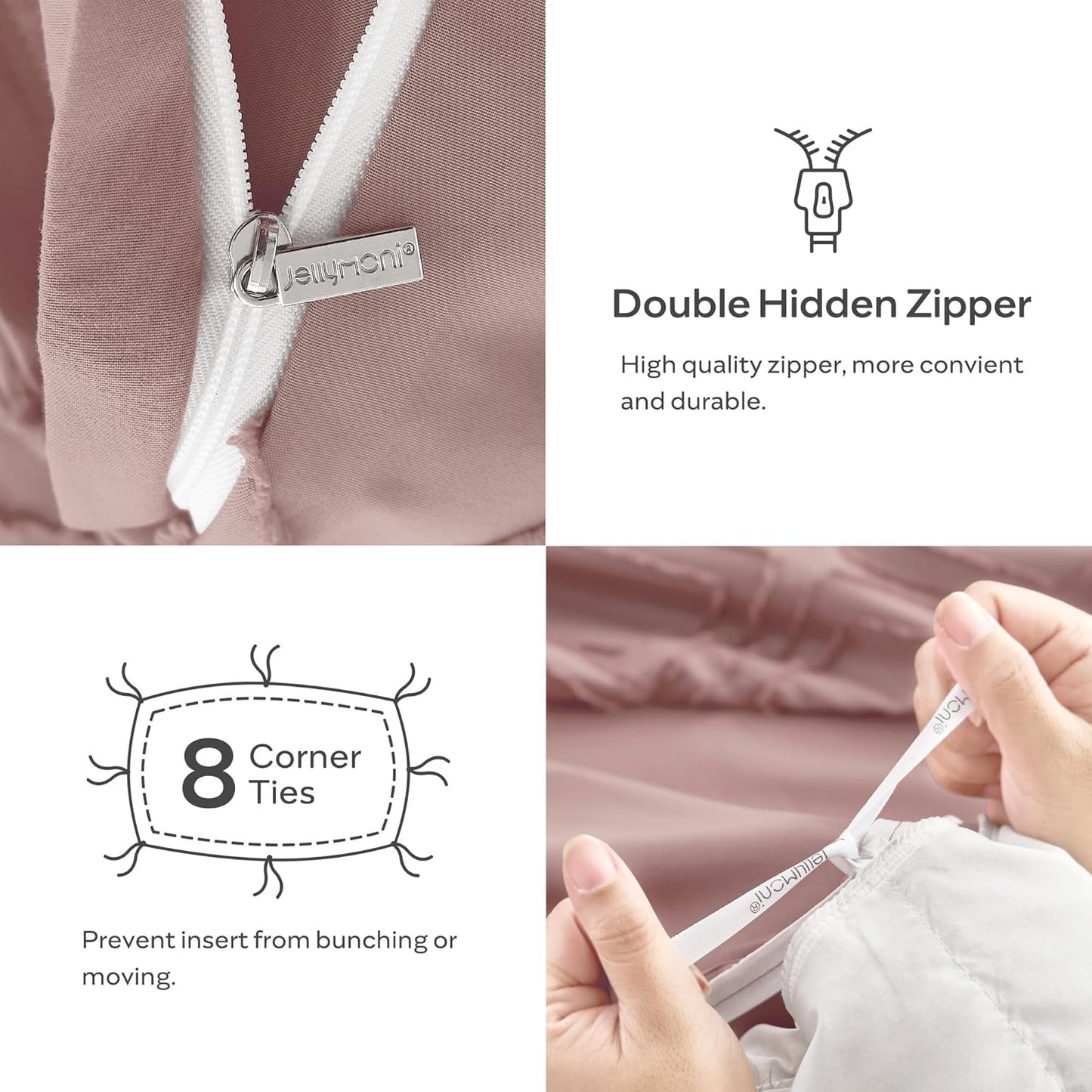 JELLYMONI Duvet Cover Queen Size Smokey Pink - 3PCS Boho Duvet Cover Set Plaid Polyester Tufted Bohemian Jacquard Knit Textured Comforter Cover 90×90in Rhombic Geometric Pattern Zipper Corner Tie