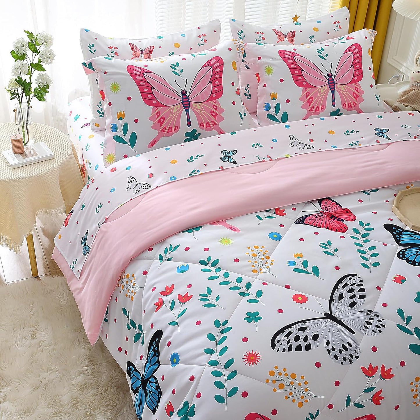 Wajade Butterfly Twin Comforter Set for Girls Kids Bedding Sets for Girls 7 Pieces Bed in a Bag Colorful Butterflies Flower Leaves Bedding Set All Season Lightweight