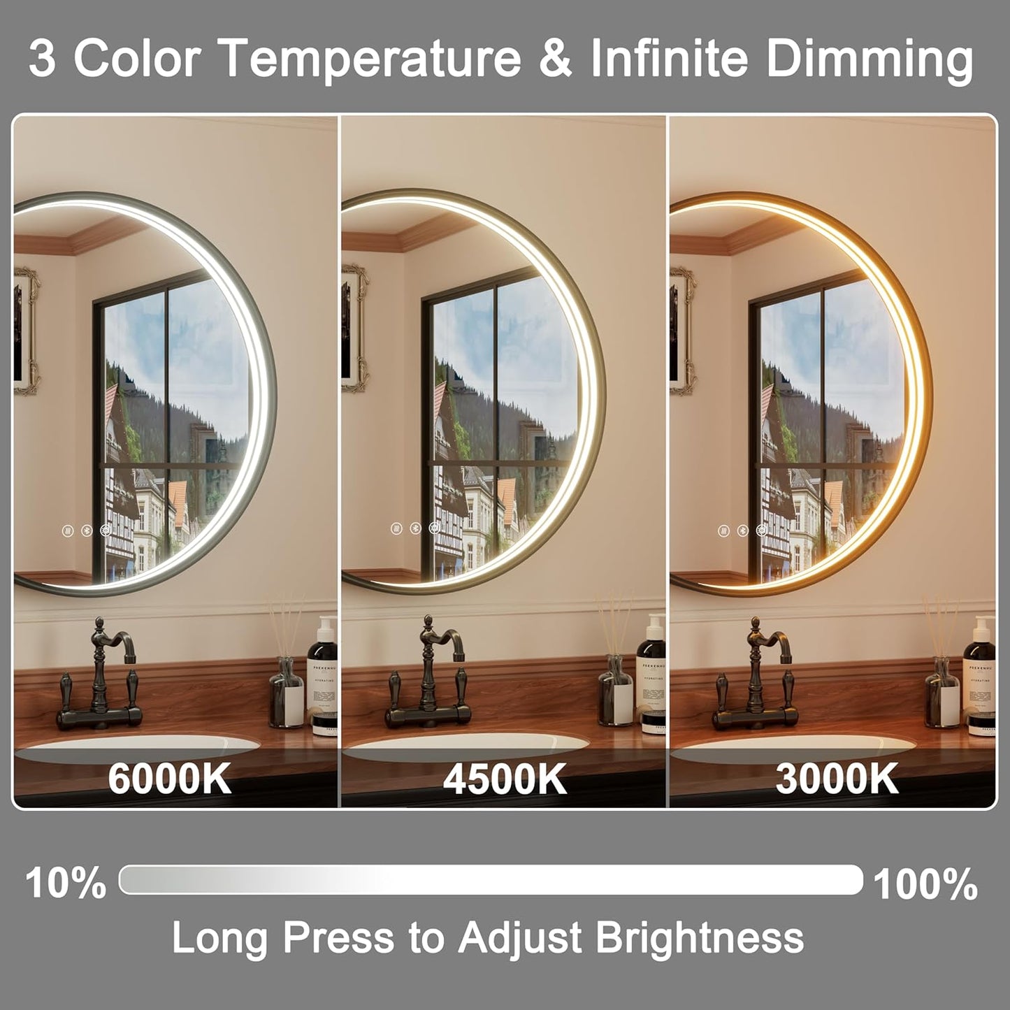 20-inch Round LED Bathroom Mirror with Bluetooth Speakers, Anti-Fog, Dimmable Lights & 3 Color Temperatures (3000K/4500K/6000K), Matte Black Aluminum Frame