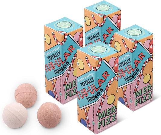Dabble & Dollop Totally Tub-ular Tidings Merry Fizzfest Mini Bath Bombs Stocking Stuffer - Holiday Gift Set of Three Fizzy Natural Bath Bombs for Kids (Pack of 4)