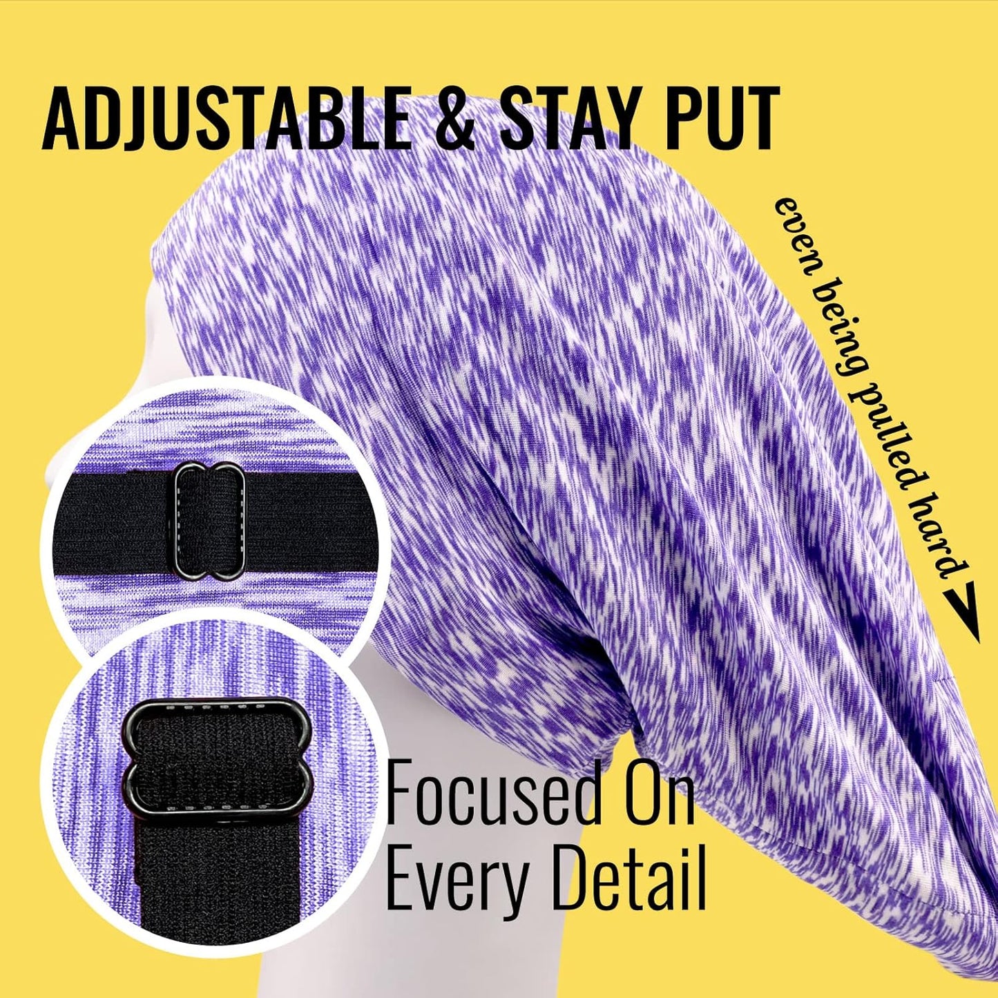 Satin Lined Sleep Cap Bonnet for Curly Hair and Braids, Stay On All Night Hair Wrap with Adjustable Strap for Women and Men, Black and Purple, Pack of 2