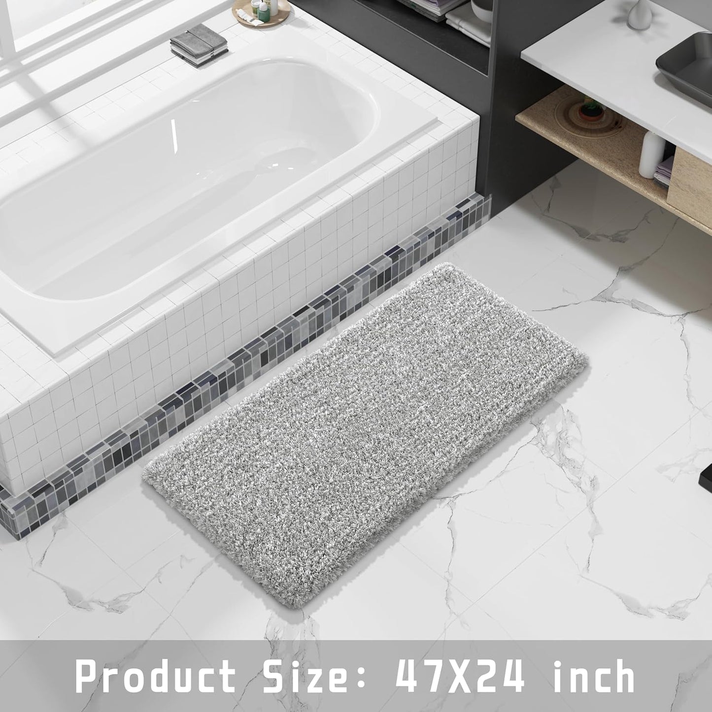 Yimobra Long Bathroom Rug 47"x 24", Super Absorbent Bath Mat, Quick Dry, Luxury Non-Slip Bath Rugs for Tub Side, Double Sink Vanity, Machine Washable, Home Decor Accessories, Light Gray and White