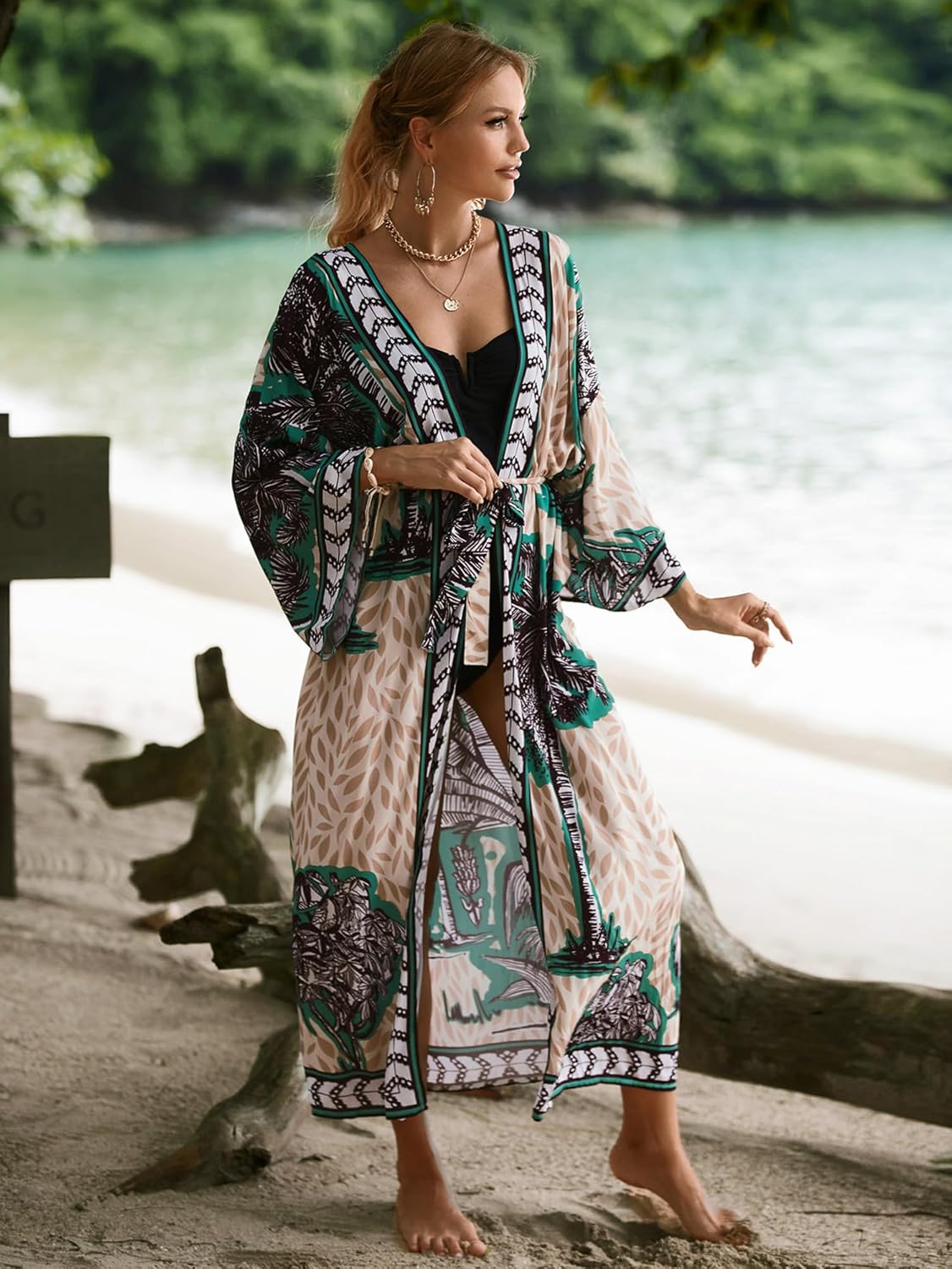 Women Casual Open Front Lightweight Cardigan Long Beach Kimono Cover Up