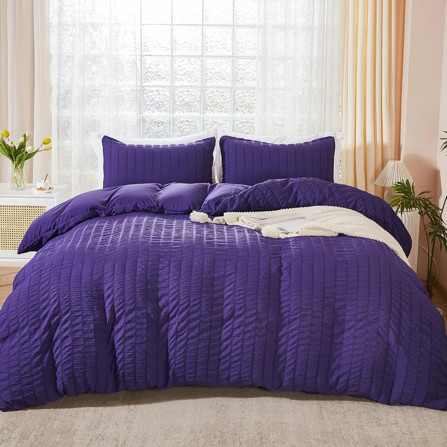 AveLom Dark Purple Duvet Cover Cal King(104 x 98 inches), 3 Pieces (1 Duvet Cover, 2 Pillowcases), Seersucker Striped Soft Washed Microfiber, Textured Duvet Cover Set with Zipper Closure, Corner Ties