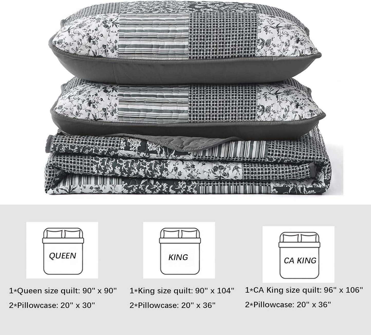Mybedsoul Black Grey Boho Quilt Set California King Size,3 Pieces Plaid Floral Bedspread Coverlet Set for All Season,Patchwork Reversible Bedding Set 106"x 96"