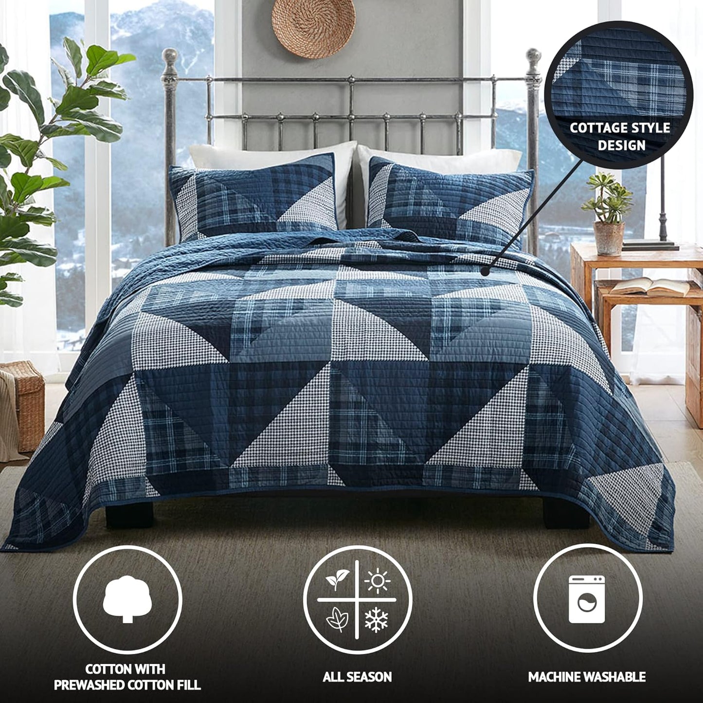 Woolrich Reversible Quilt Set - Cottage Styling Reversed to Solid Color, All Season Lightweight Coverlet, Cozy Bedding Layer, Matching Shams, Oversized King/Cal King, Olsen Geometric Blue