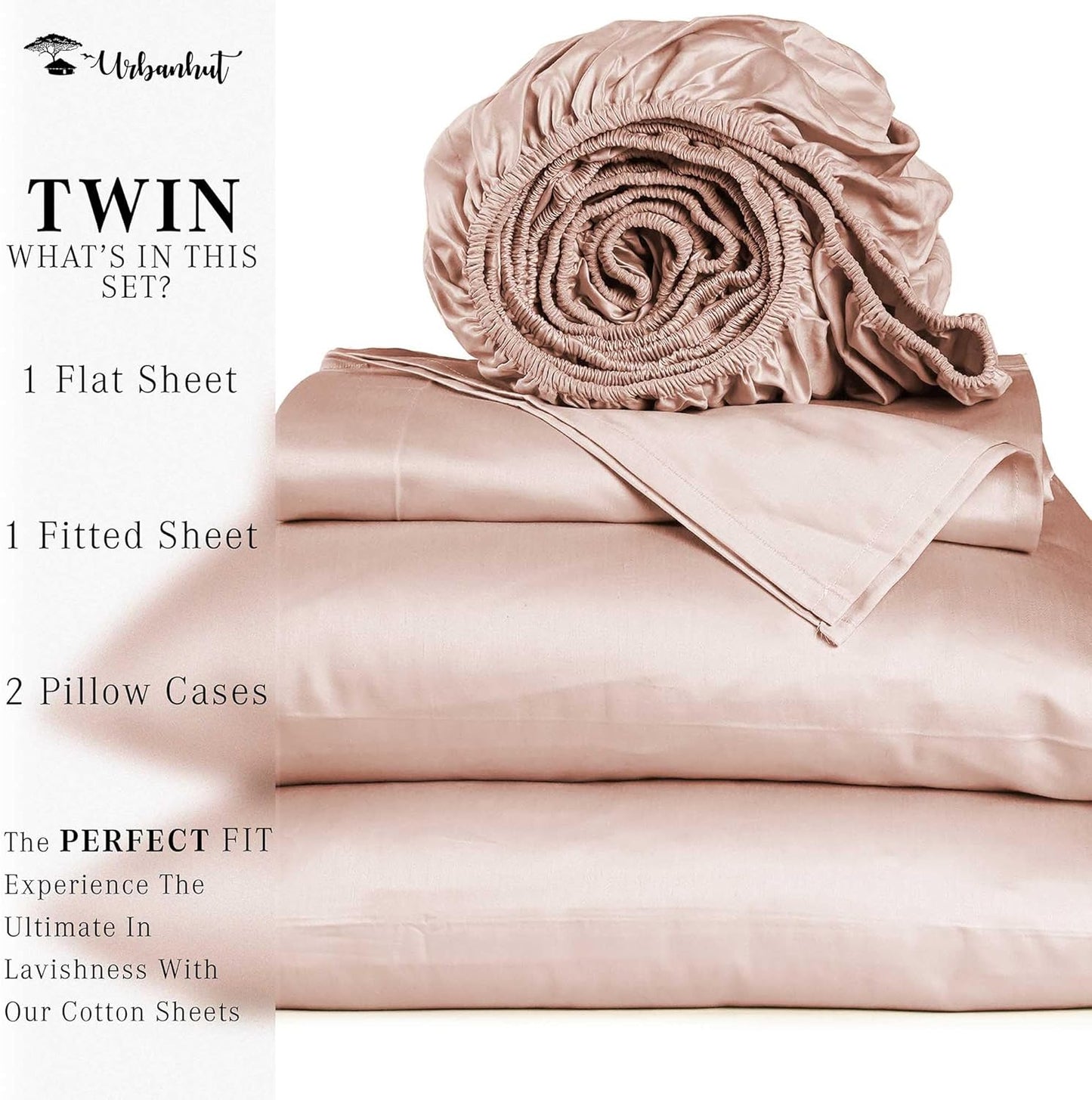 URBANHUT Egyptian Cotton Twin Sheets, 4Pc Set - Soft Luxury Sateen Weave Hotel Sheets, 14'' Deep Pocket - Blush