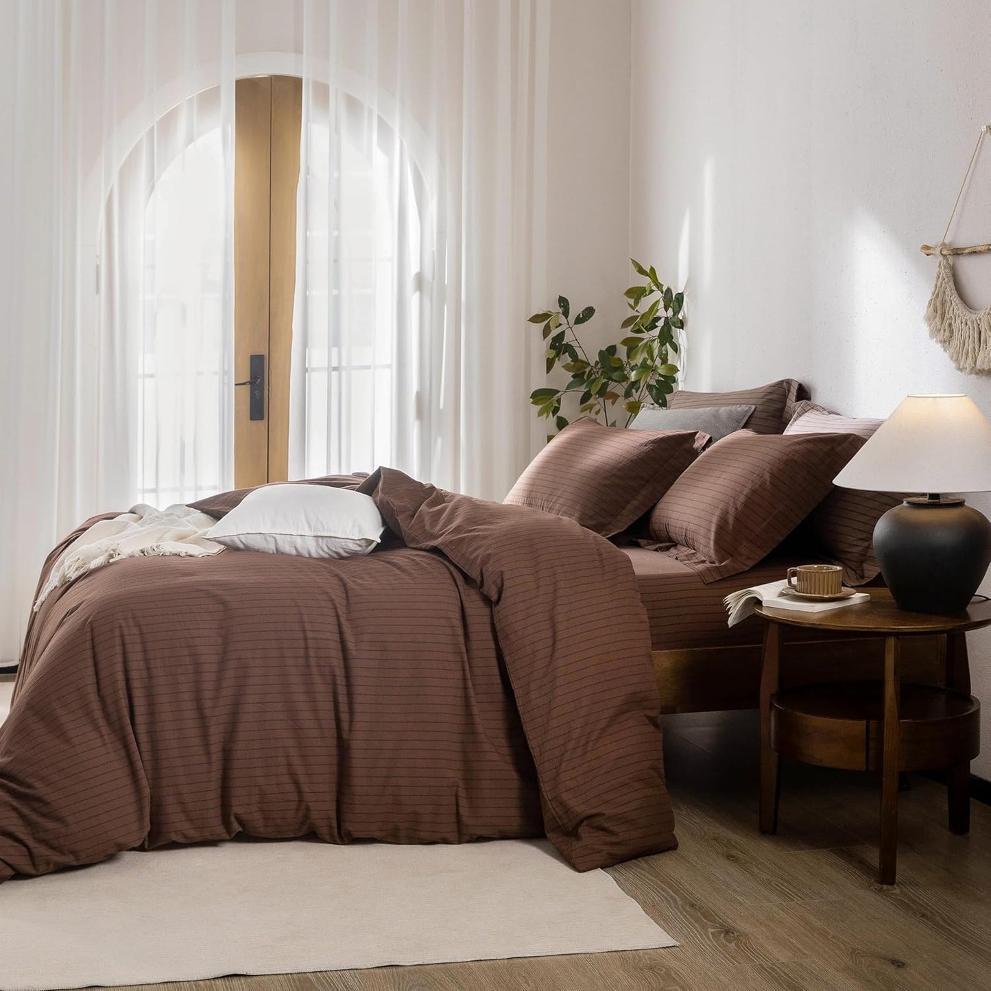 Stripe Duvet Cover King Size 104inch x 90inch,100% Washed Cotton Pinstripe Duvet Cover with Zipper Closure and 2 Pillowcases, Color of Cocoa Brown-Black Stripe