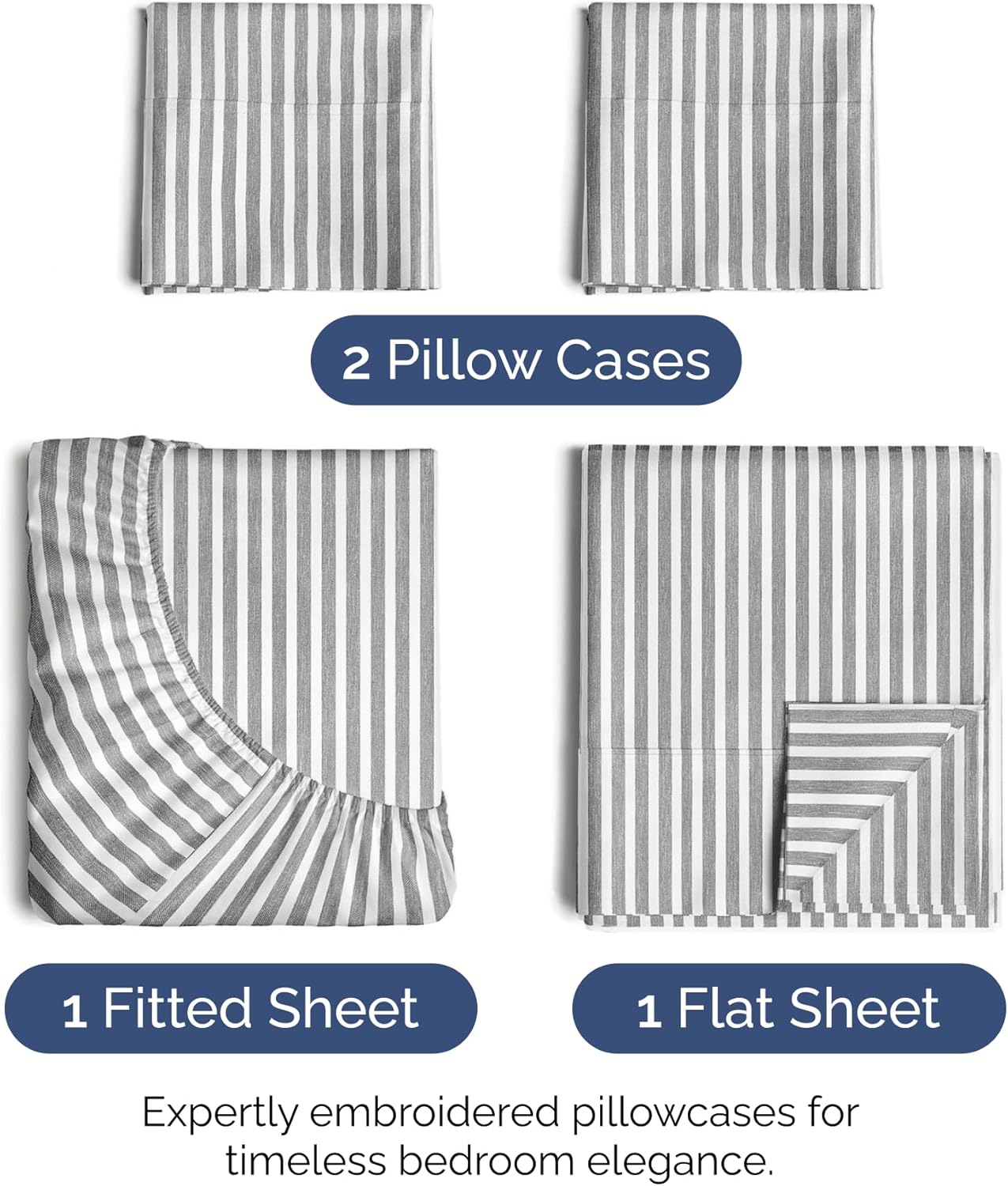 Hotel Luxury Durable Bed Sheets - Full Size 4 Piece Sheet Set - Extra Soft, Breathable And Cooling - Deep Pockets, Easy-Fit & Wrinkle-Free - Grey Stripes Oeko-Tex