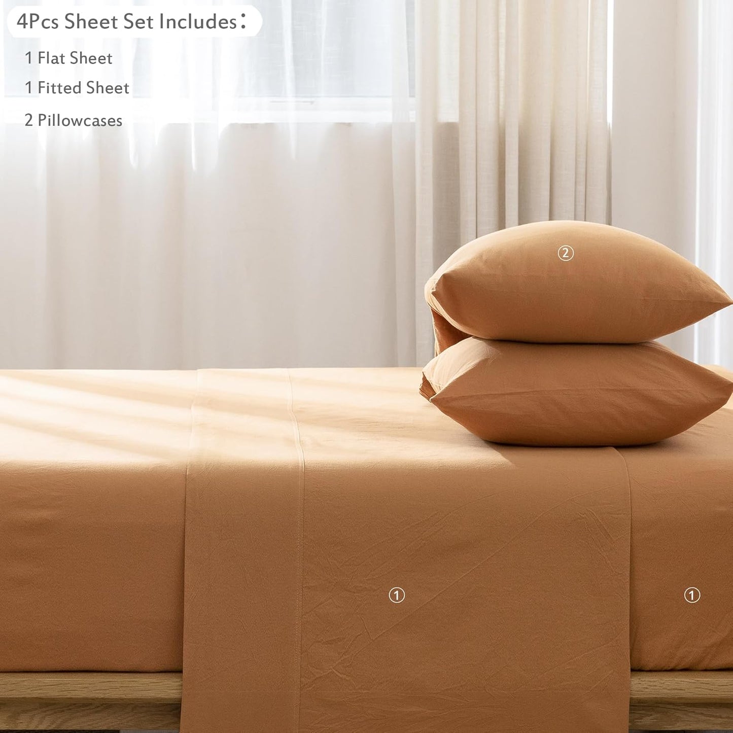 MooMee Bedding Sheet Set 100% Washed Cotton Linen Like Textured Breathable Durable Soft Comfy (Solid Burnt Orange, California King)
