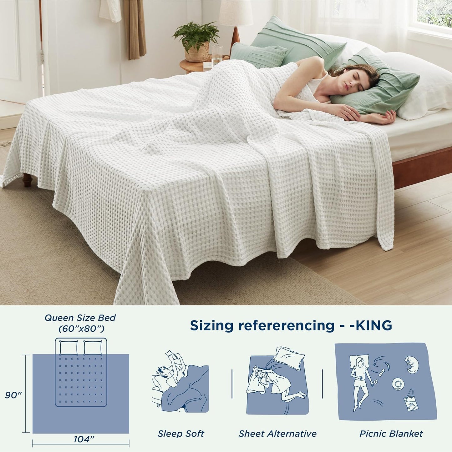 Bedsure Cooling Cotton Waffle King Size Blanket - Lightweight Breathable Summer Blanket of Rayon Derived from Bamboo for Hot Sleepers, Luxury Throws for Bed, Couch and Sofa, Fog Blue, 104x90 Inches