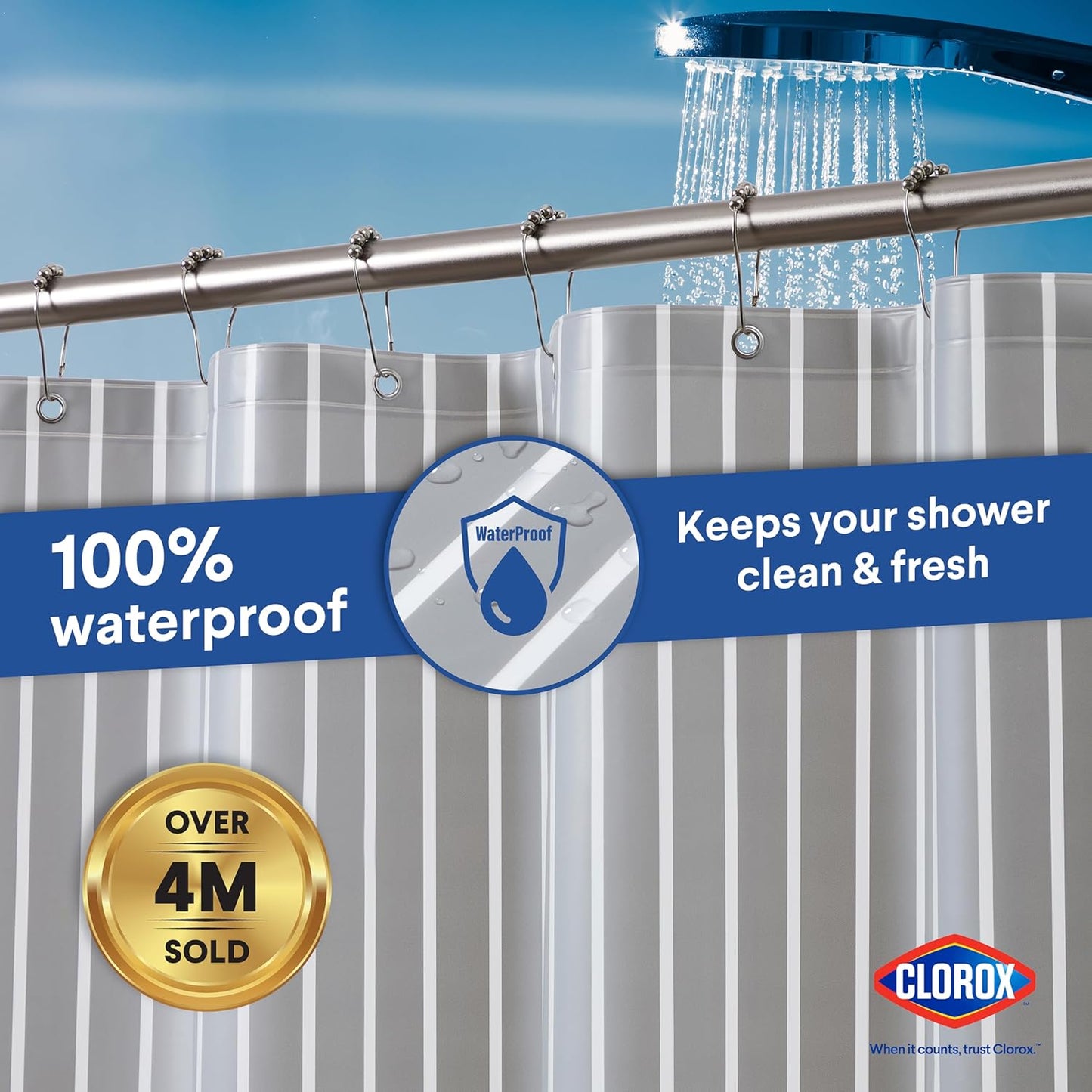 CLOROX Shower Curtain Liner, Premium Striped Medium-Weight Durable Waterproof 6g PEVA for Bathroom with Weighted Magnets, Printed Standard Size 72" x 72", Grey
