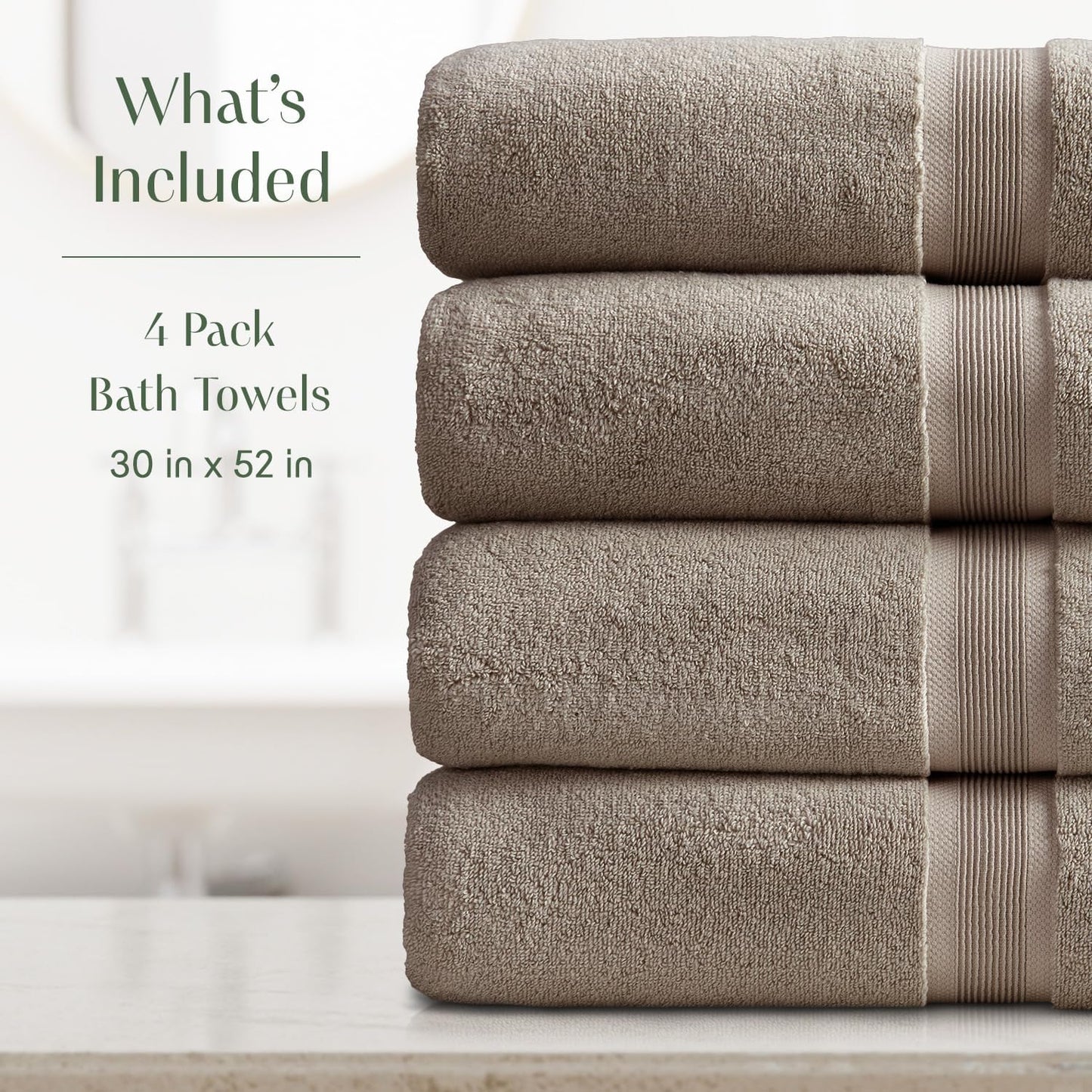 Springtree Home Luxury Bamboo Rayon Bath Towel Set of 4 | 35% Bamboo Rayon - 65% Cotton | Absorbent Quick-Dry Towels for Bathroom | Oeko-TEX Standard 100 Cotton | Cobblestone