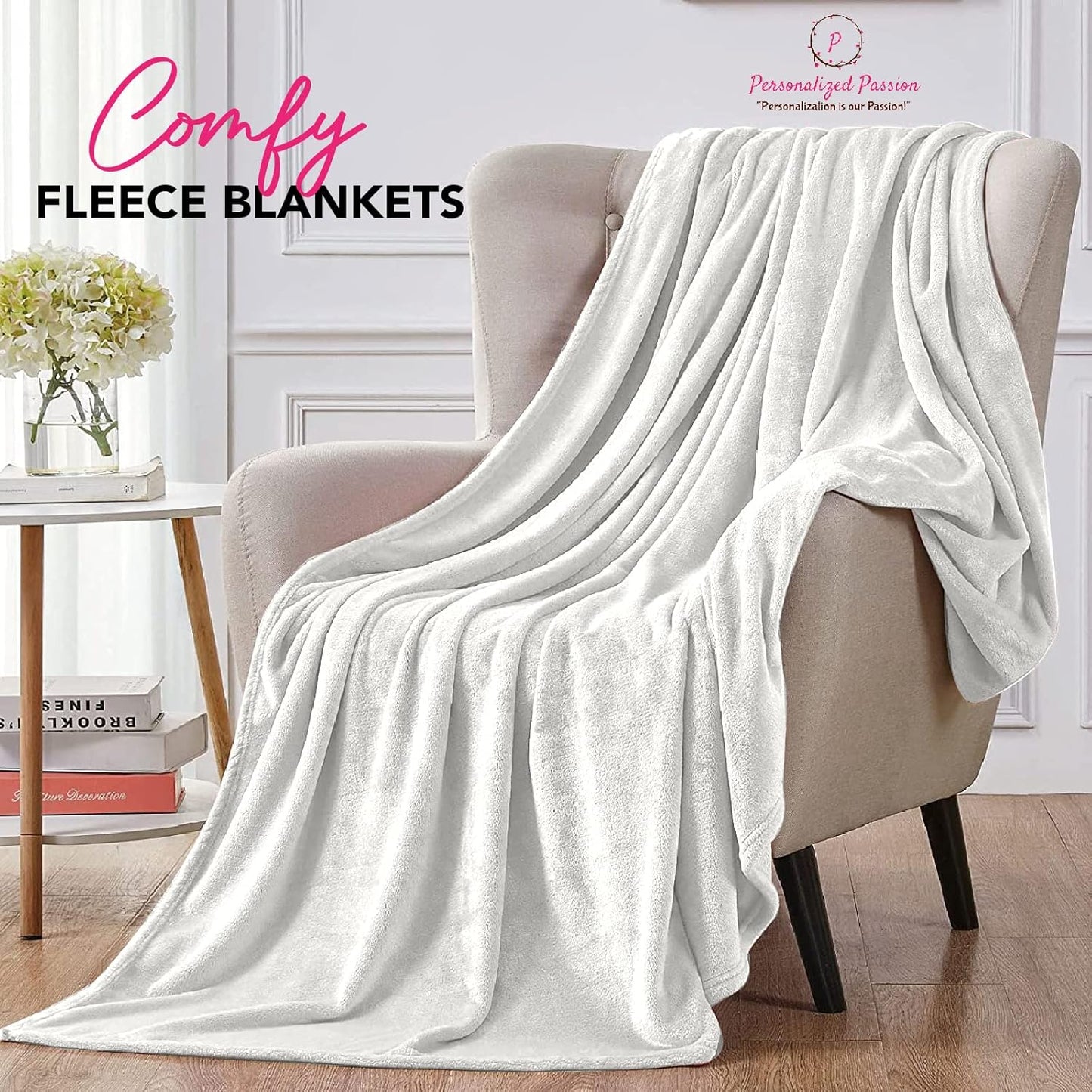 Personalized Passion Blankets with Custom Name & Initial Monogram - Super Soft and Cozy Fleece - Unisex Custom Blanket for Him and Her - 80x60 Inches - Cream