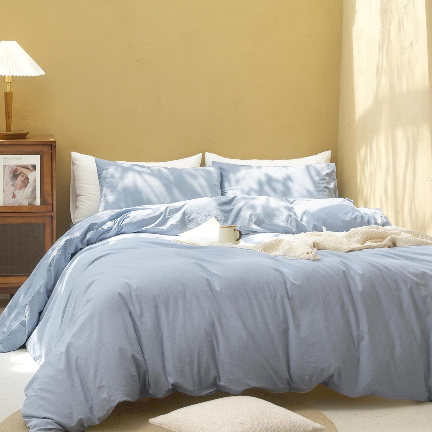 FOSSA Duvet Cover Set 100% Washed Cotton Linen Feel Super Soft Breathable Cozy 3 Pieces Bedding Sets Solid Cornflower Blue California King