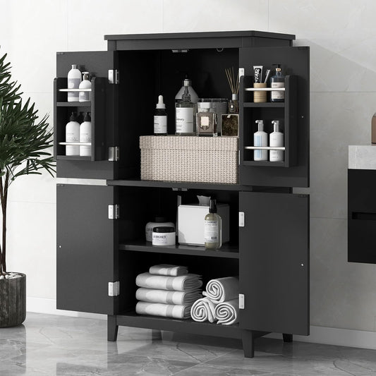 Freestanding Storage Cabinet with 4 Doors,Elegant Organizer Unit with Adjustable Shelves, Sturdy MDF Frame, Anti-Tipping Design, Large Capacity for Bathroom, Kitchen, Office, Home, Black