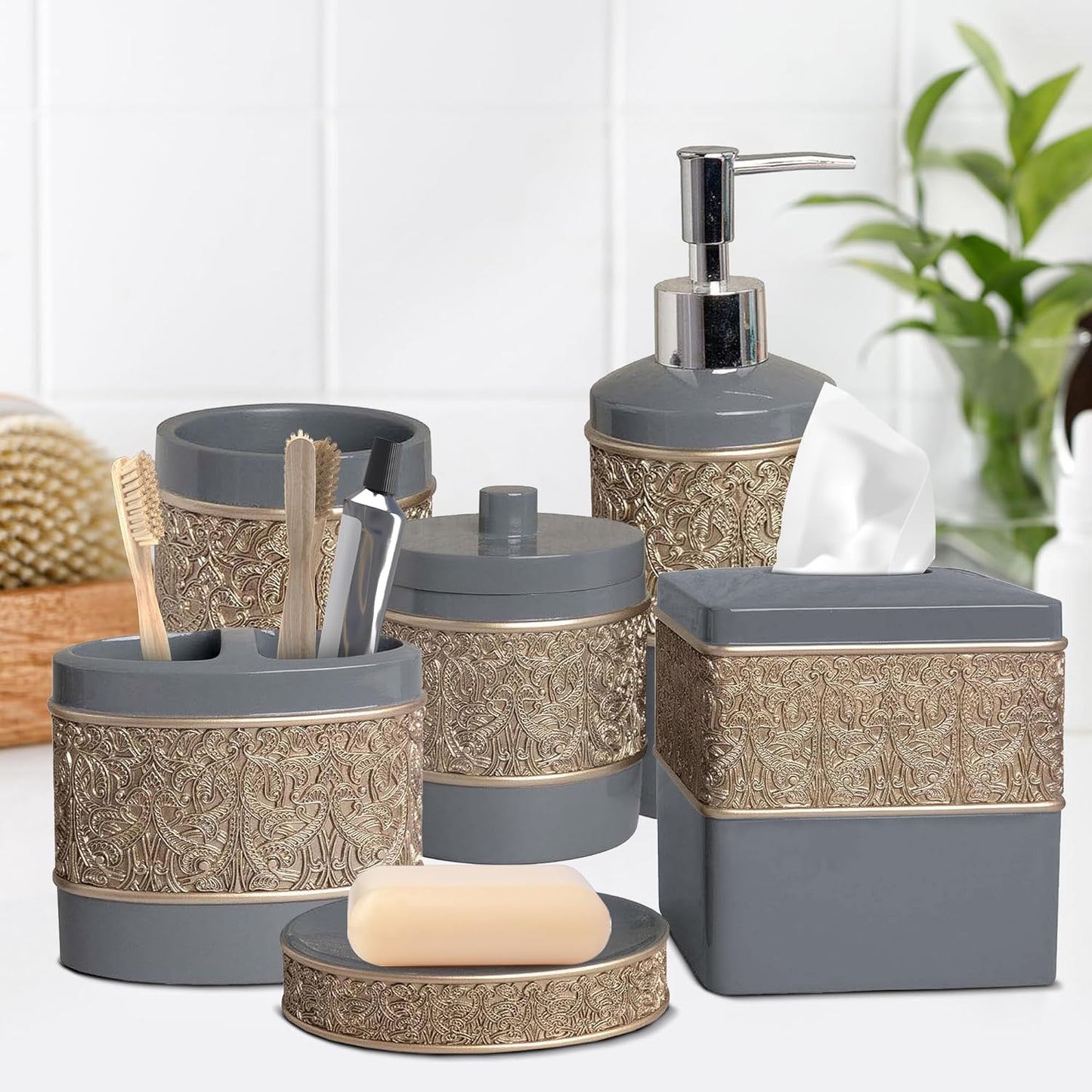 Decozen Bathroom Accessories Set 6Pcs – Soap Dispenser, Toothbrush Holder, Tumbler, Soap Dish & Cotton Swab Jar – Modern Bathroom Decor, Bath Set for Christmas Decor