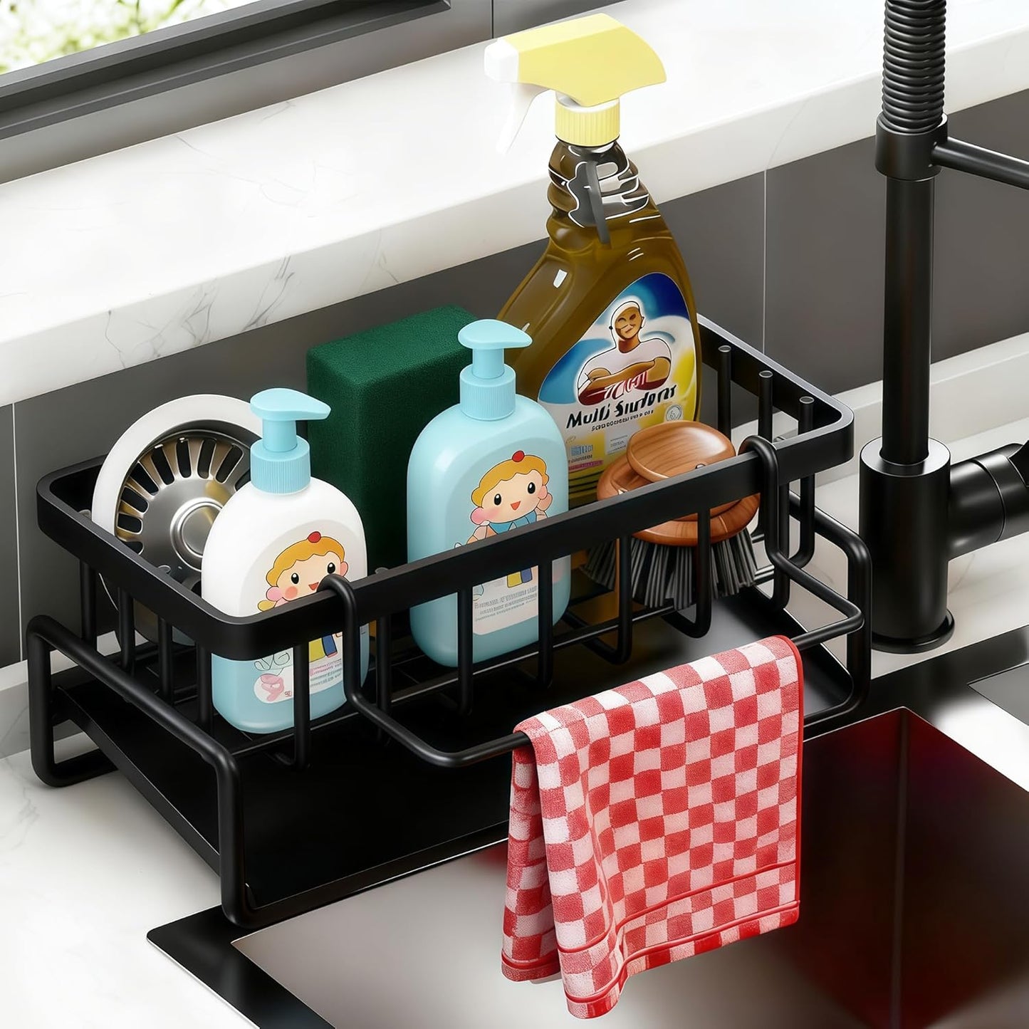 Sponge Holder for Kitchen, Sink Caddy Organizer Rack for Kitchen Accessories, Soap Dispenser Countertop Organizer Essentials for Home (Black)