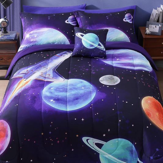 Full Size Comforter Set for Boys - 4 Pieces Navy Blue Space Rocket Full Bedding Sets for Kids, 1 Comforter, 2 Shams and 1 Decor Pillow