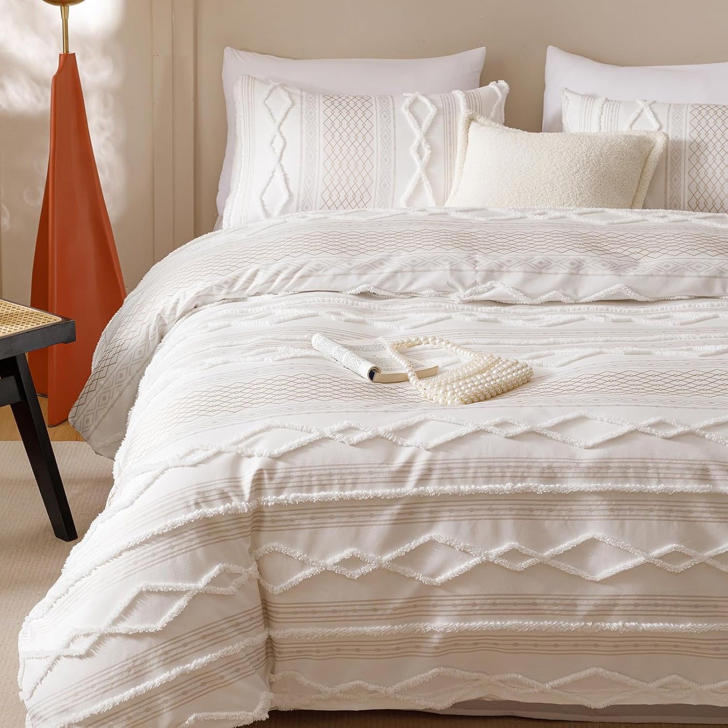 KAREVER Ivory Boho Comforter Set Cal King Mixed Textures Jacquard Bedding Set Durable Chic and Stylish Bedroom Set