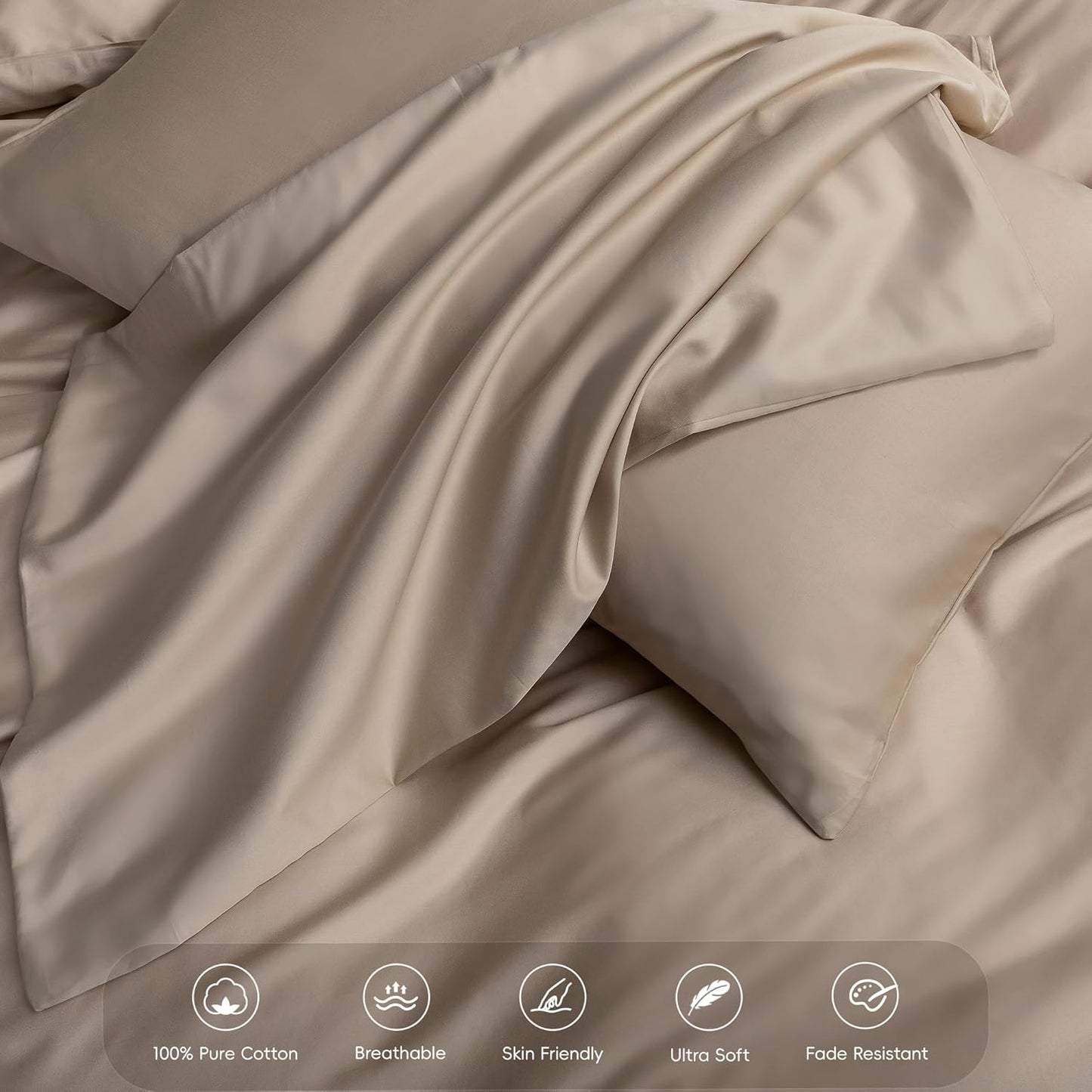 MooMee Duvet Cover Set 100% Extra Long Staple Cotton 600 Thread Count Silky Sateen Smooth Luxury Soft Breathable Durable Hotel Quality Bedding, 3 Pieces (Taupe, Queen 90"x90")