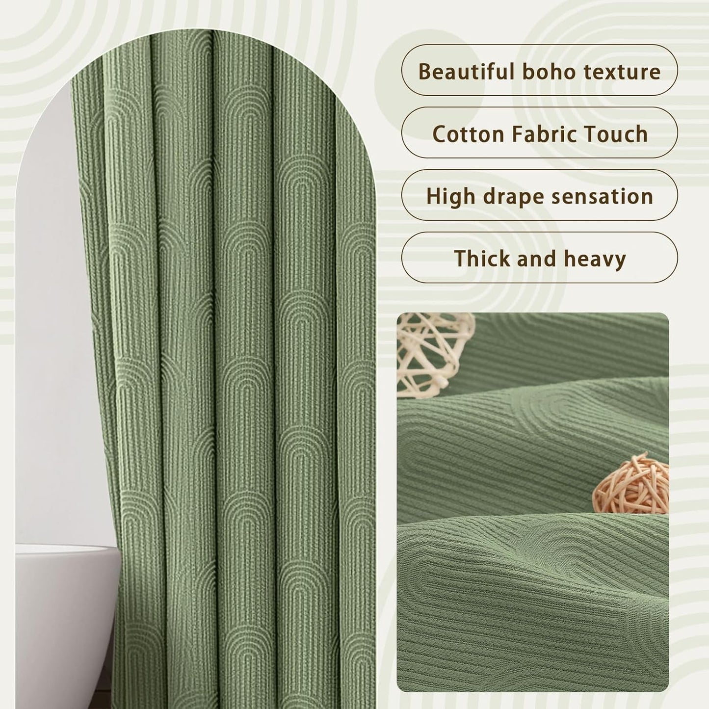 Awellife Sage Green Shower Curtains for Bathroom Cotton Fabric Touch Bohemian Mid Century Boho Minimalist Arch 72" L X 36" W